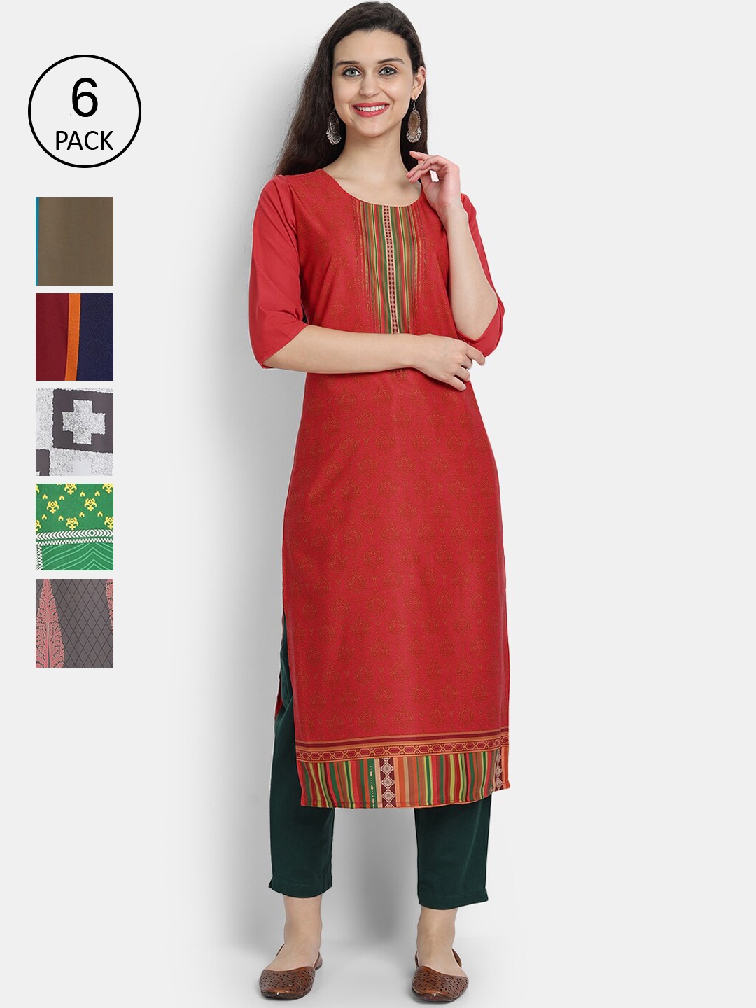 

1 Stop Fashion Women Pack Of 6 Multicoloured Geometric Printed Crepe Kurtas, Multi