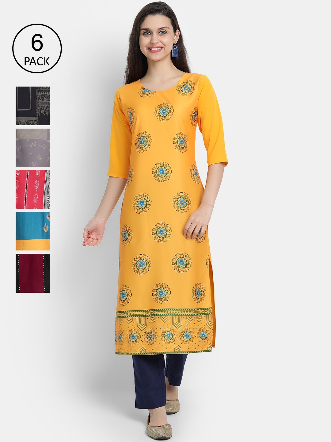 

1 Stop Fashion Women Pack Of 6 Multicoloured Digital Printed Crepe Kurta, Multi