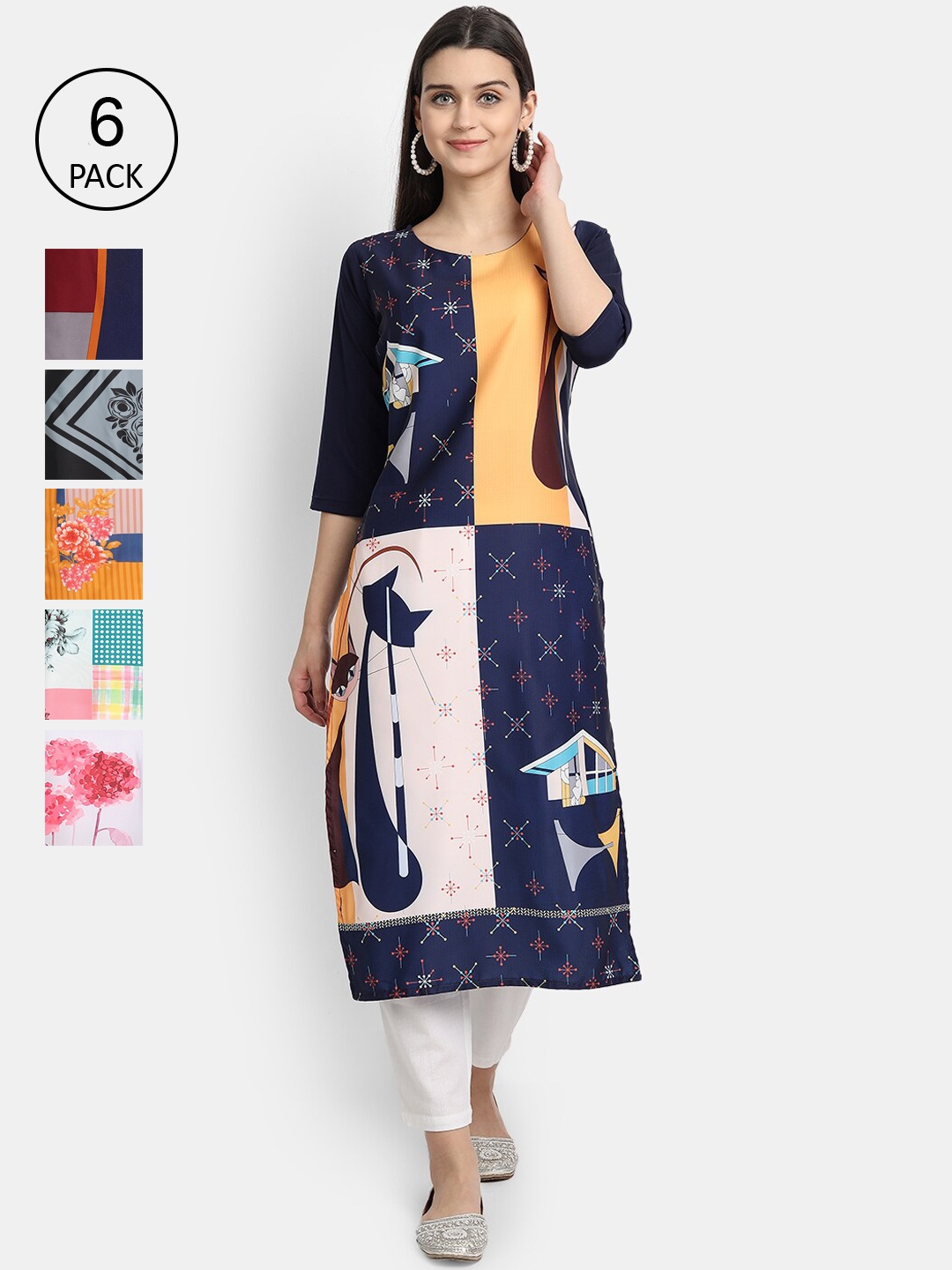 

1 Stop Fashion Women Pack Of 6 Multicoloured Geometric Printed Crepe Kurtas, Multi
