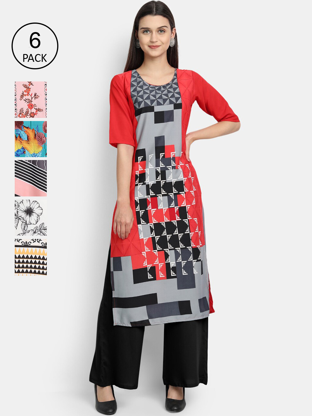 

1 Stop Fashion Women Pack Of 6 Multicoloured Geometric Printed Crepe Kurtas, Multi