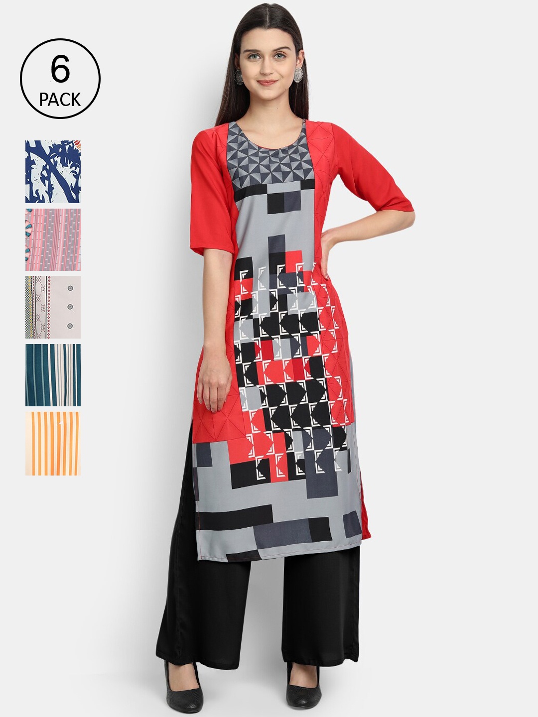 

1 Stop Fashion Women Set of 6 Printed Crepe Kurta, Multi