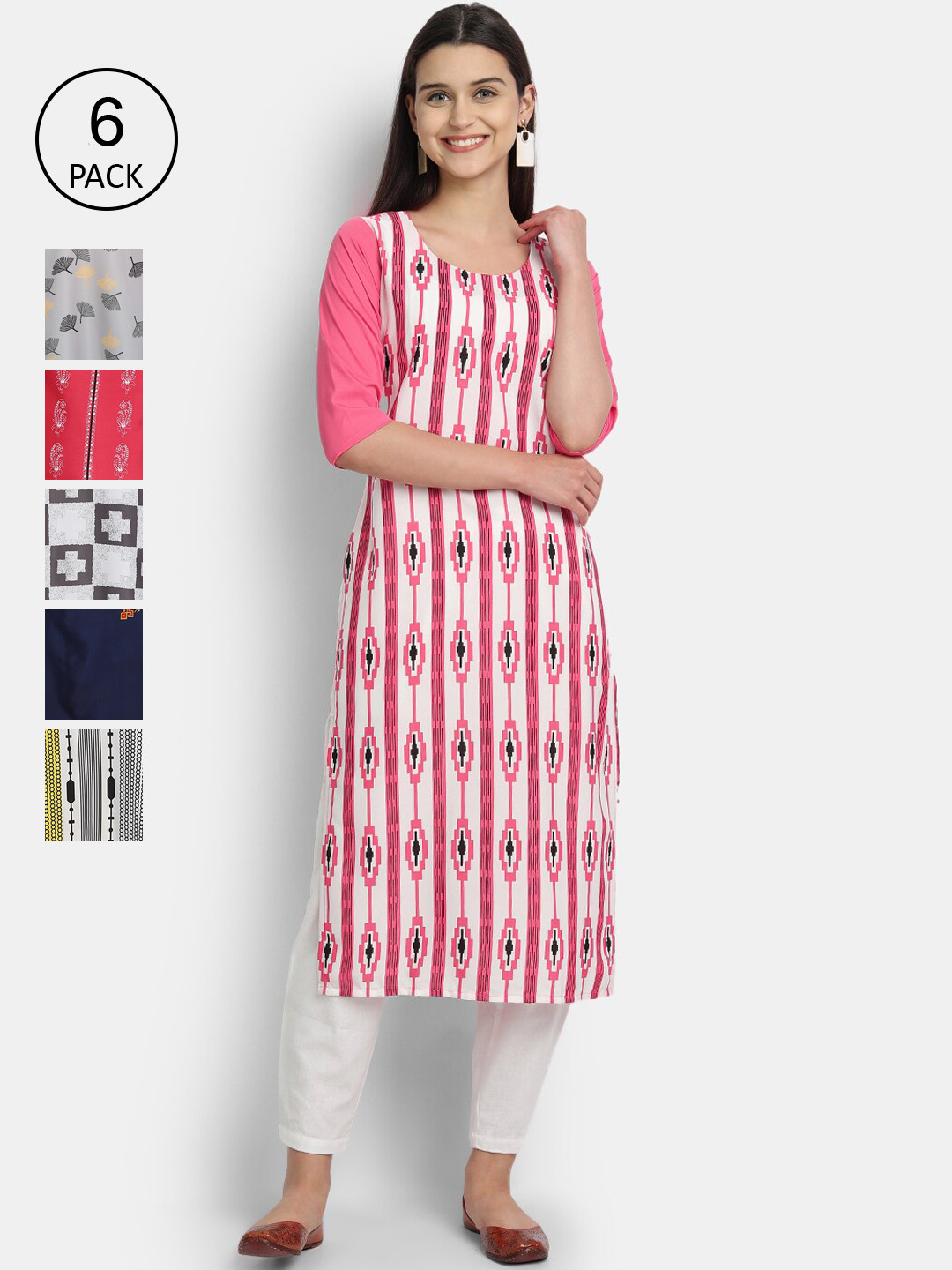 

1 Stop Fashion Women Pack of 6 Multicoloured Printed Crepe Straight Kurta, Multi