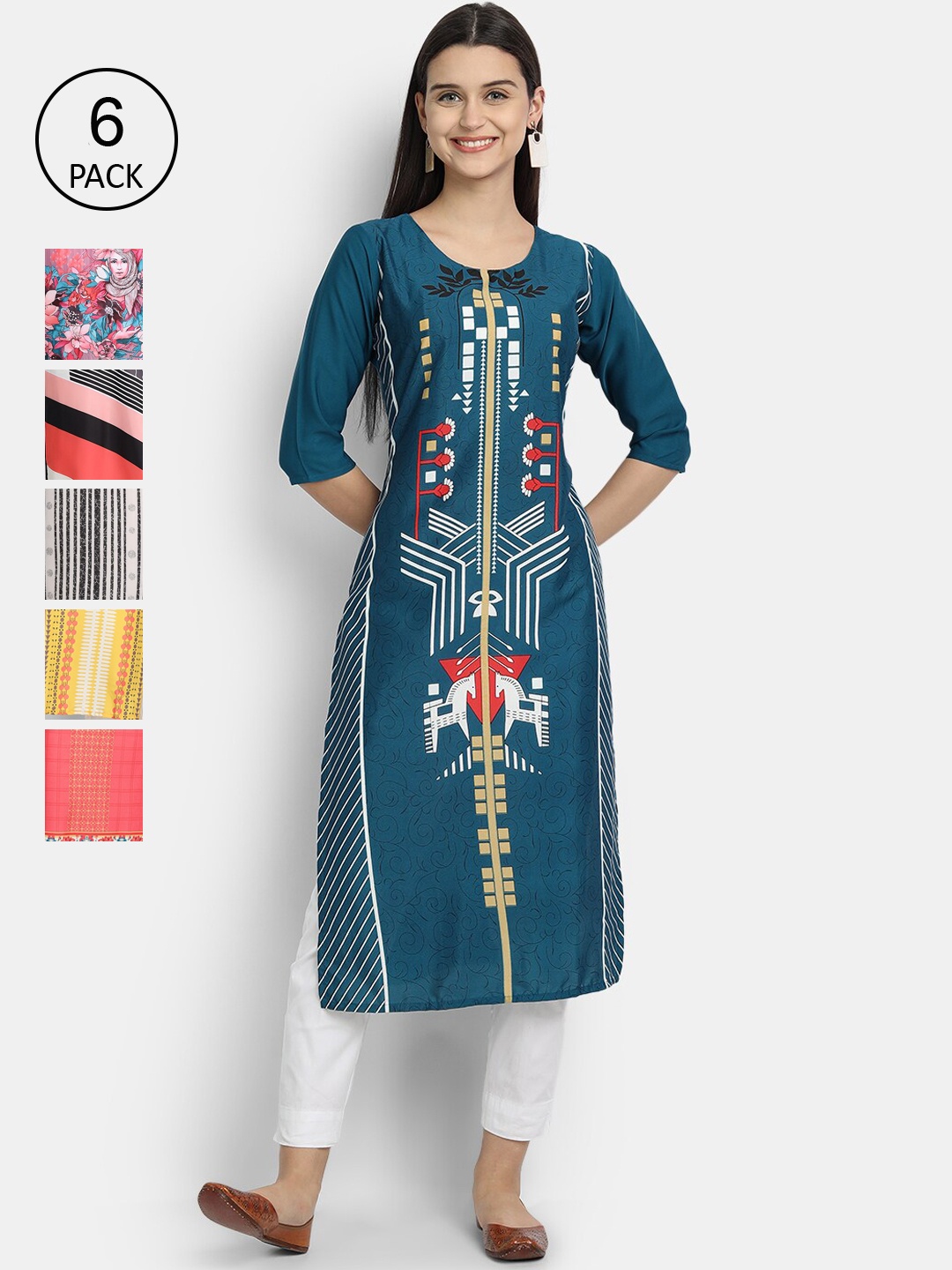 

1 Stop Fashion Pack of 6 Women Printed Crepe Kurta, Multi