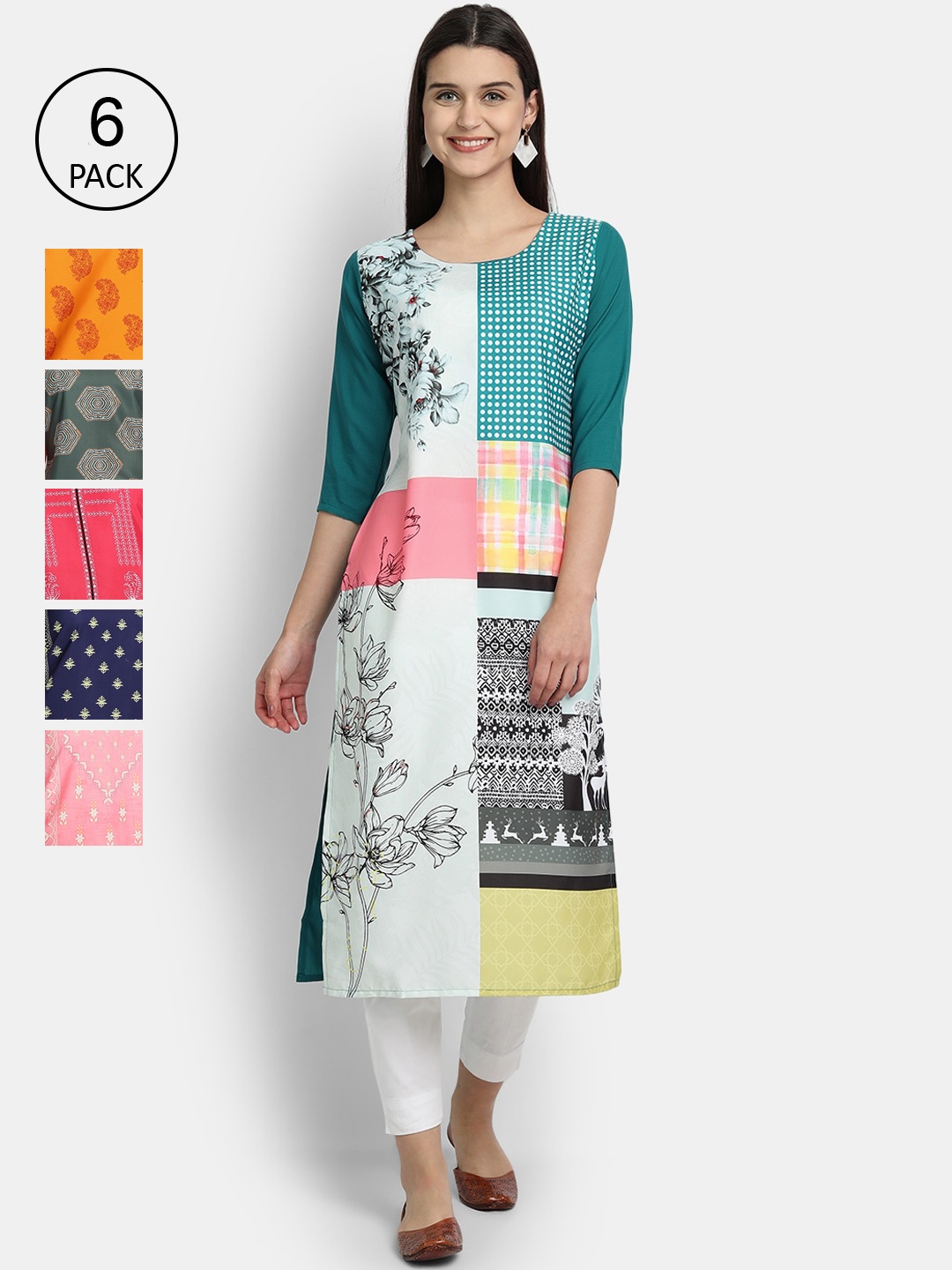 

1 Stop Fashion Women Pack Of 6 Digital Print Straight Kurta, Multi