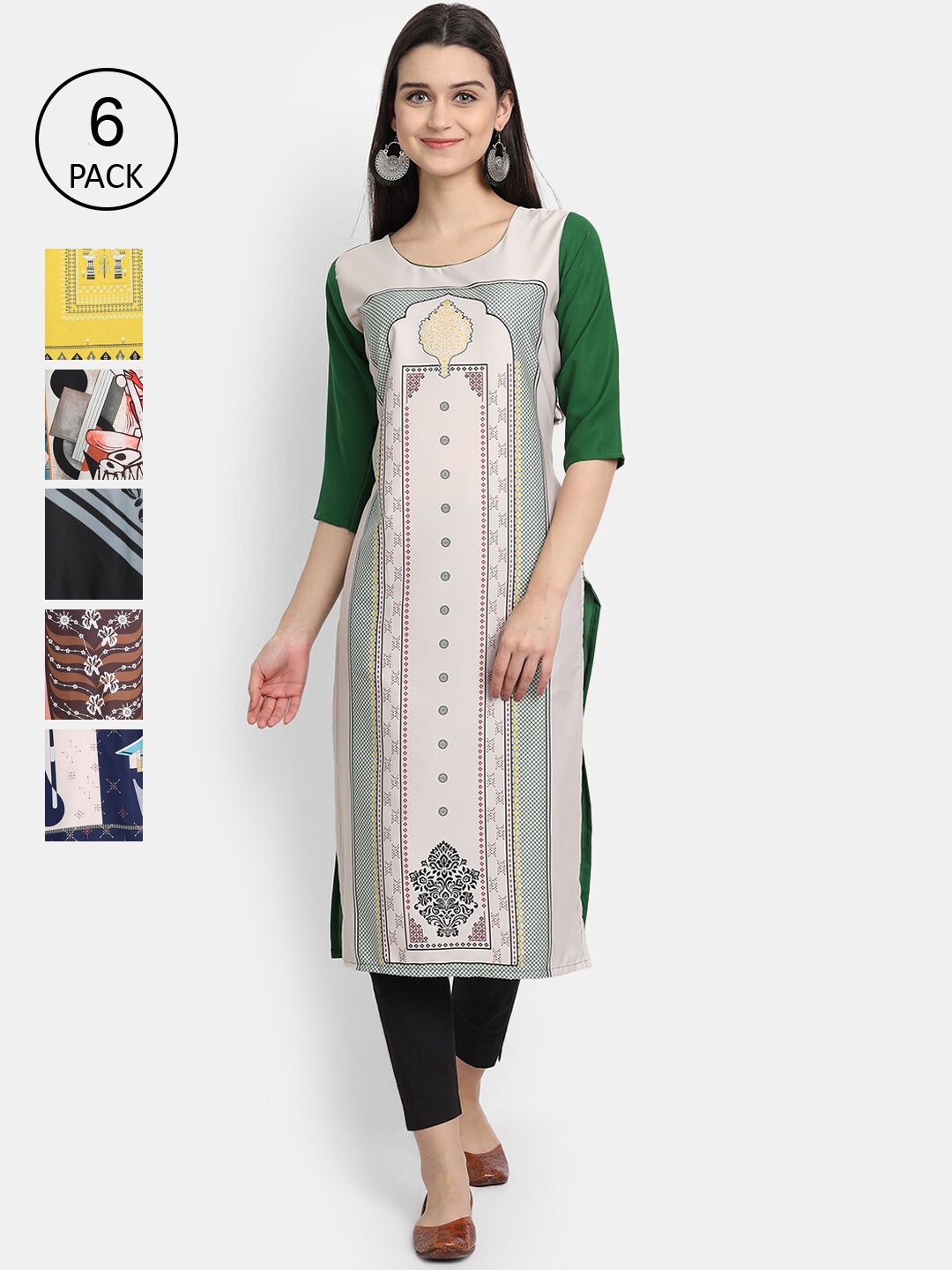 

1 Stop Fashion Women Pack Of 6 Digital Printed Crepe Kurta, Green