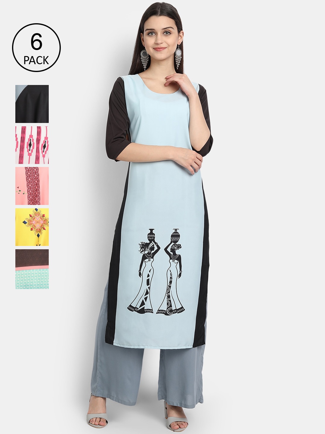 

1 Stop Fashion Women Pack Of 6 Multicoloured Digital Printed Crepe Kurta, Multi