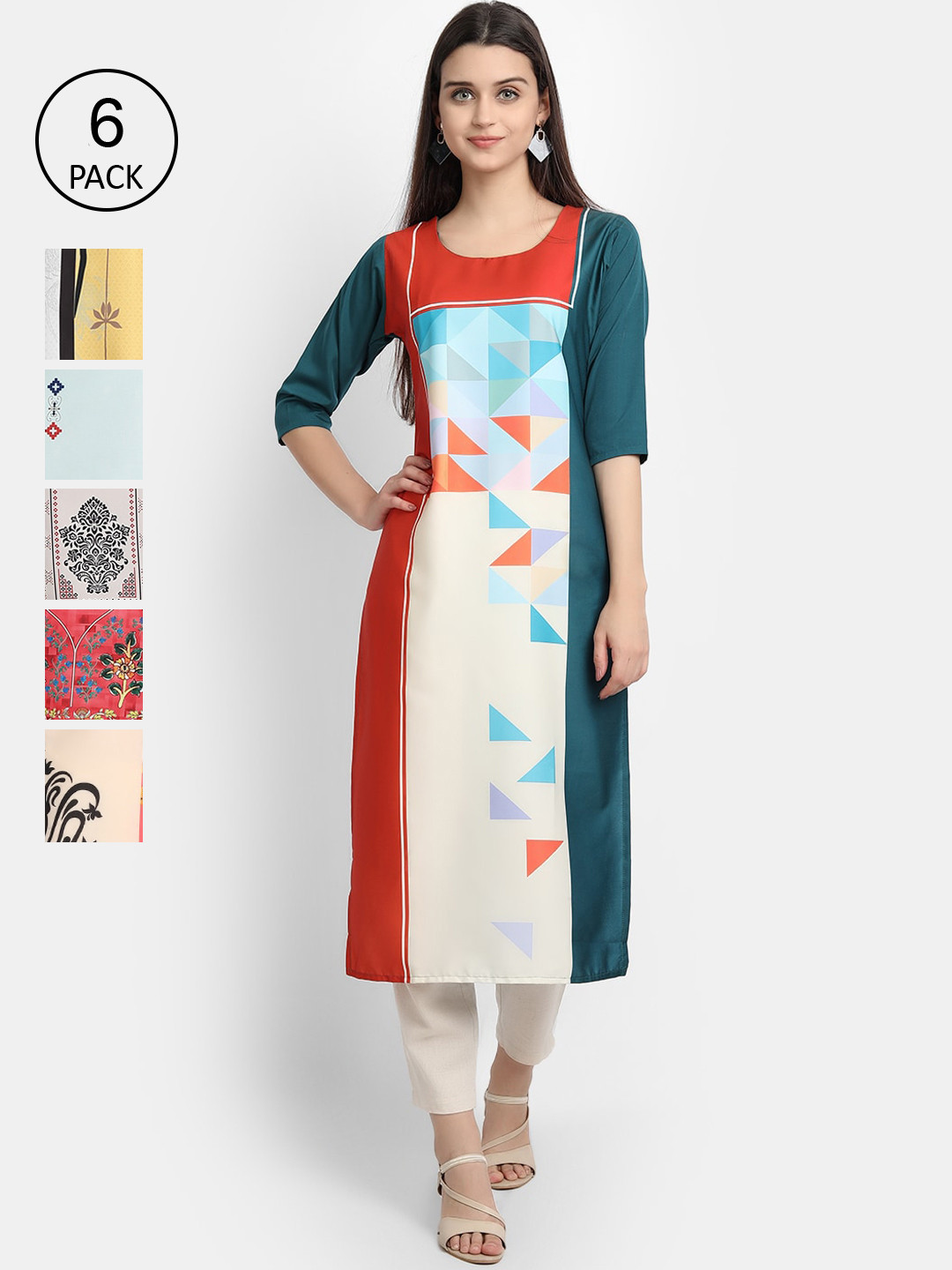 

1 Stop Fashion Women Pack Of 6 Multicoloured Digital Printed Crepe Kurta, Multi