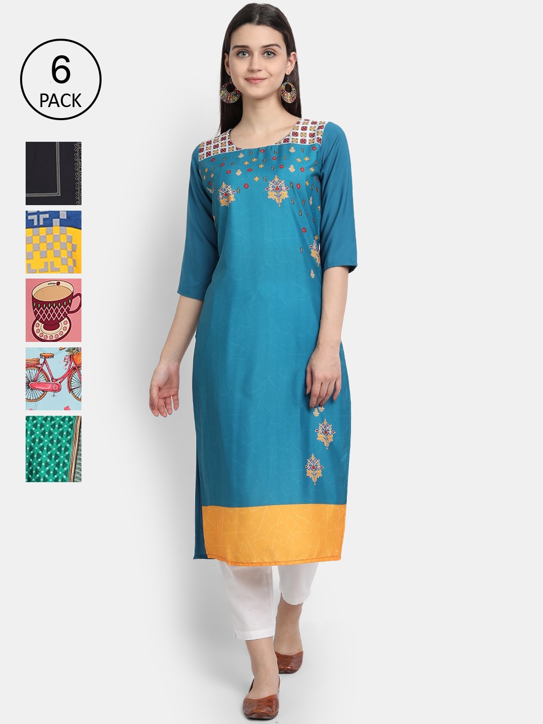 

1 Stop Fashion Women Pack of 6 Digital Printed Straight Kurtas, Blue