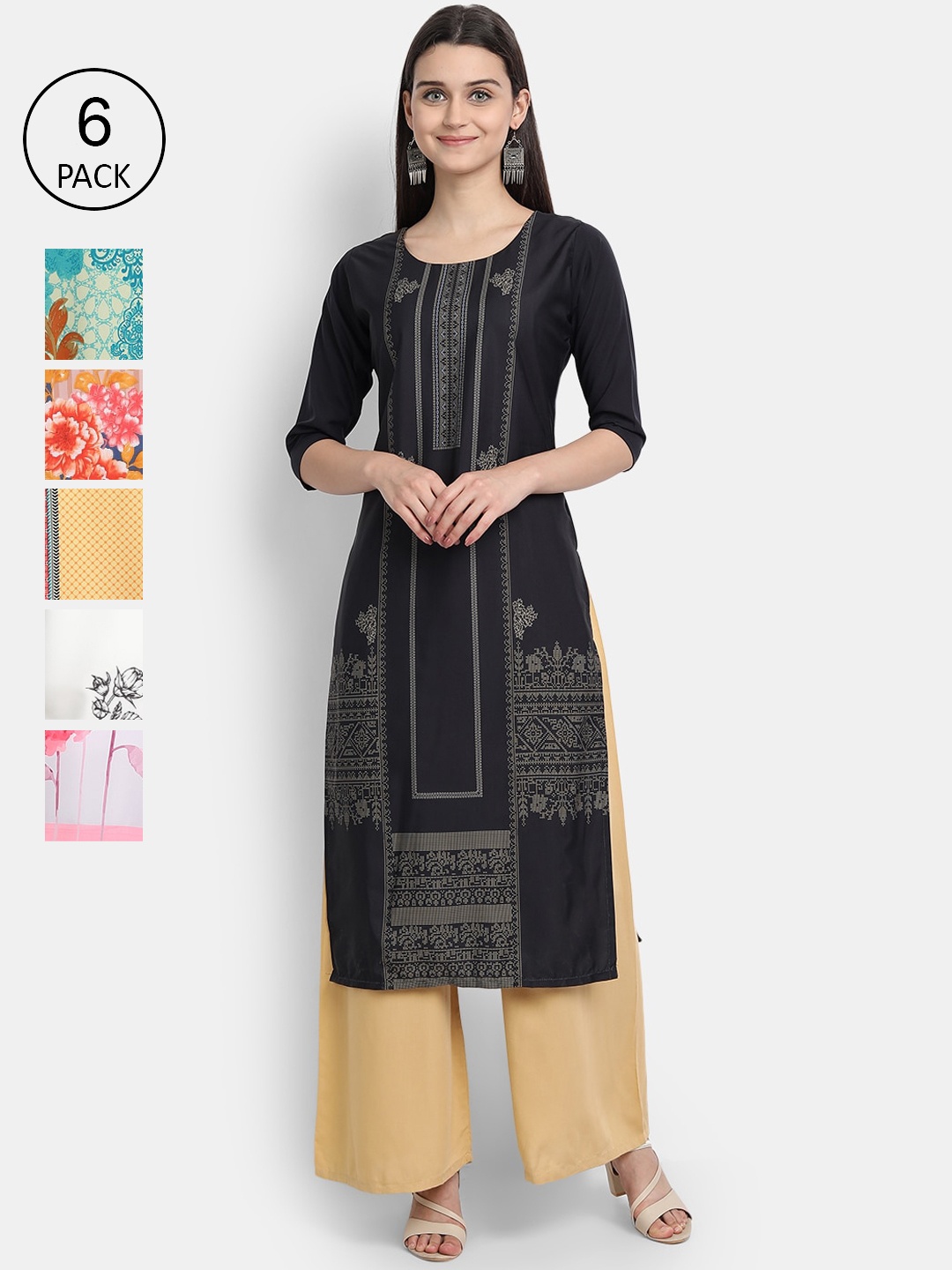 

1 Stop Fashion Women Pack Of 6 Kurtas, Black