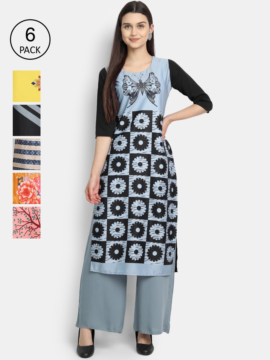 

1 Stop Fashion Women Set of 6 Printed Crepe Kurta, Multi