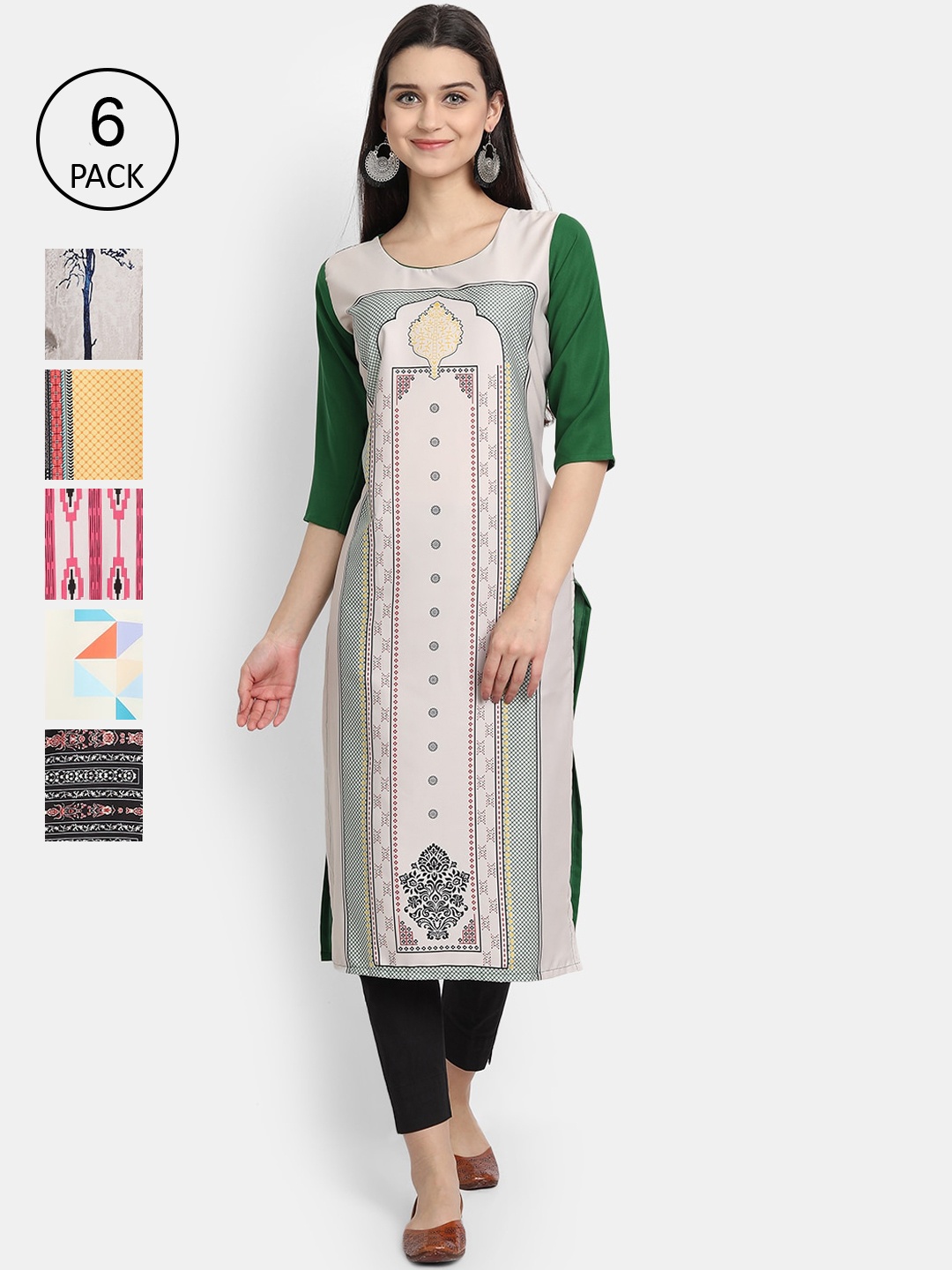 

1 Stop Fashion Women Pack of 6 Printed Kurtas, Green