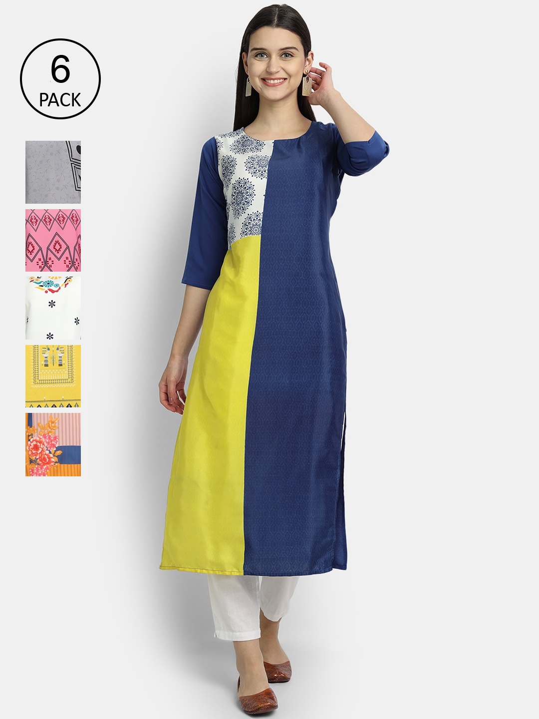 

1 Stop Fashion Women Pack Of 6 Kurtas, Yellow