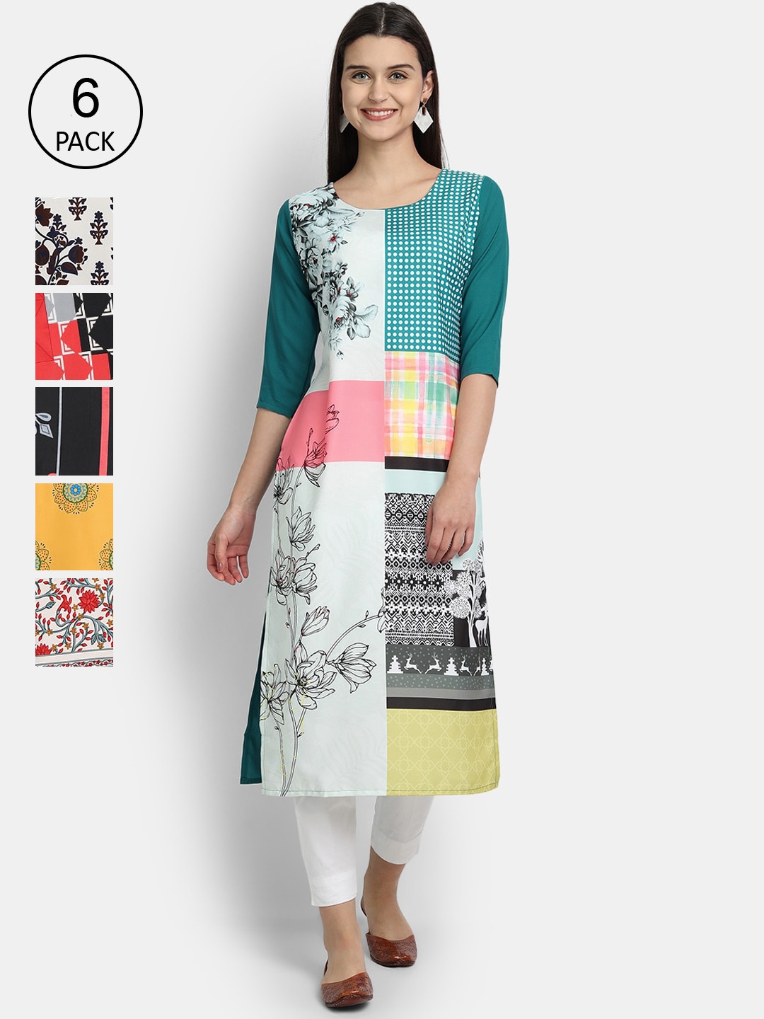 

1 Stop Fashion Women Pack Of 6 Multicoloured Digital Printed Crepe Kurta, Multi