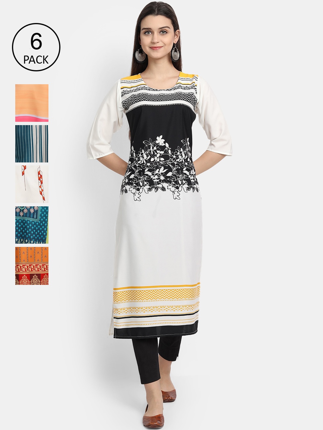 

1 Stop Fashion Women Pack Of 6 Multicoloured Digital Printed Crepe Kurta, Multi