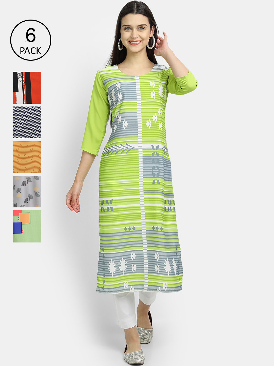 

1 Stop Fashion Women Pack Of 6 Multicoloured Digital Printed Crepe Kurta, Multi