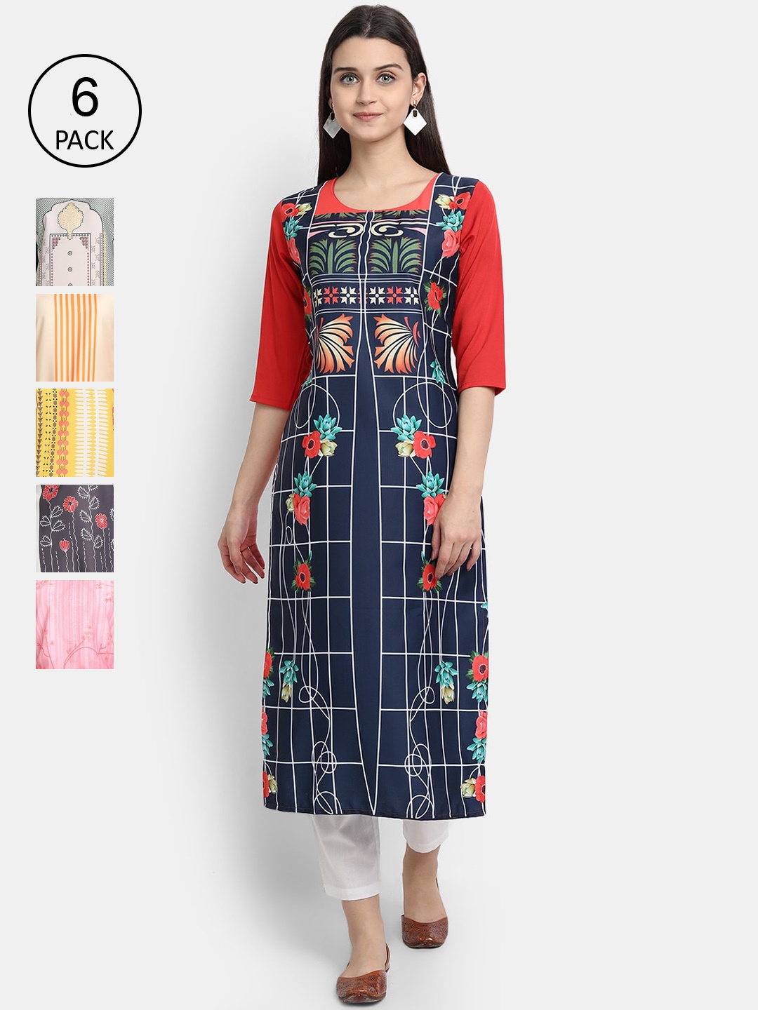 

1 Stop Fashion Women Pack Of 6 Multicoloured Digital Printed Crepe Kurta, Multi