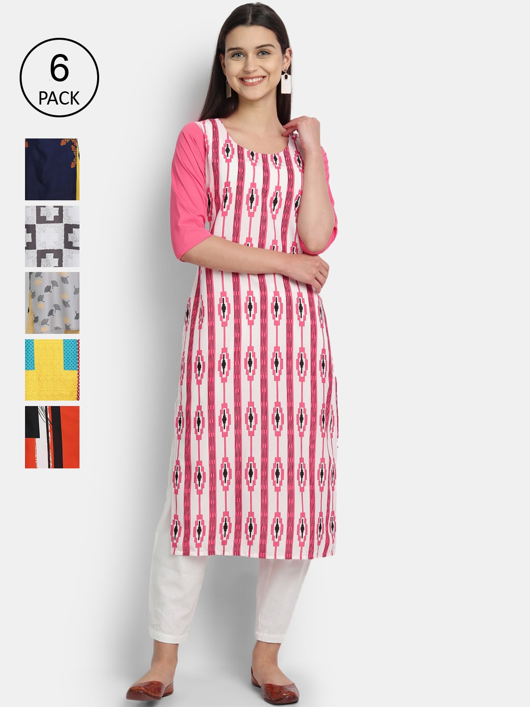 

1 Stop Fashion Women Pack Of 6 Multicoloured Digital Printed Crepe Kurta, Multi