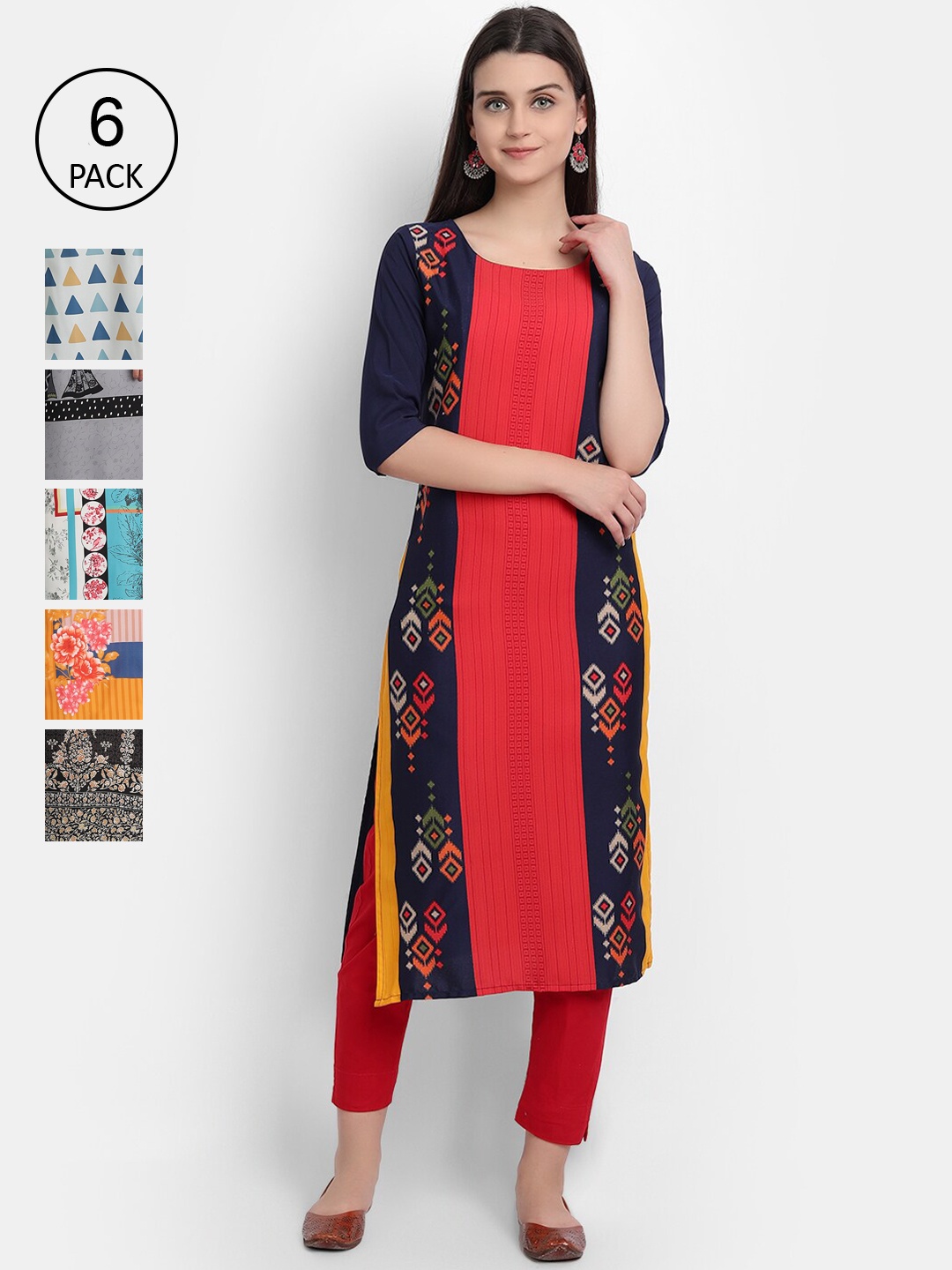 

1 Stop Fashion Women Pack of 6 Printed Kurtas, Red