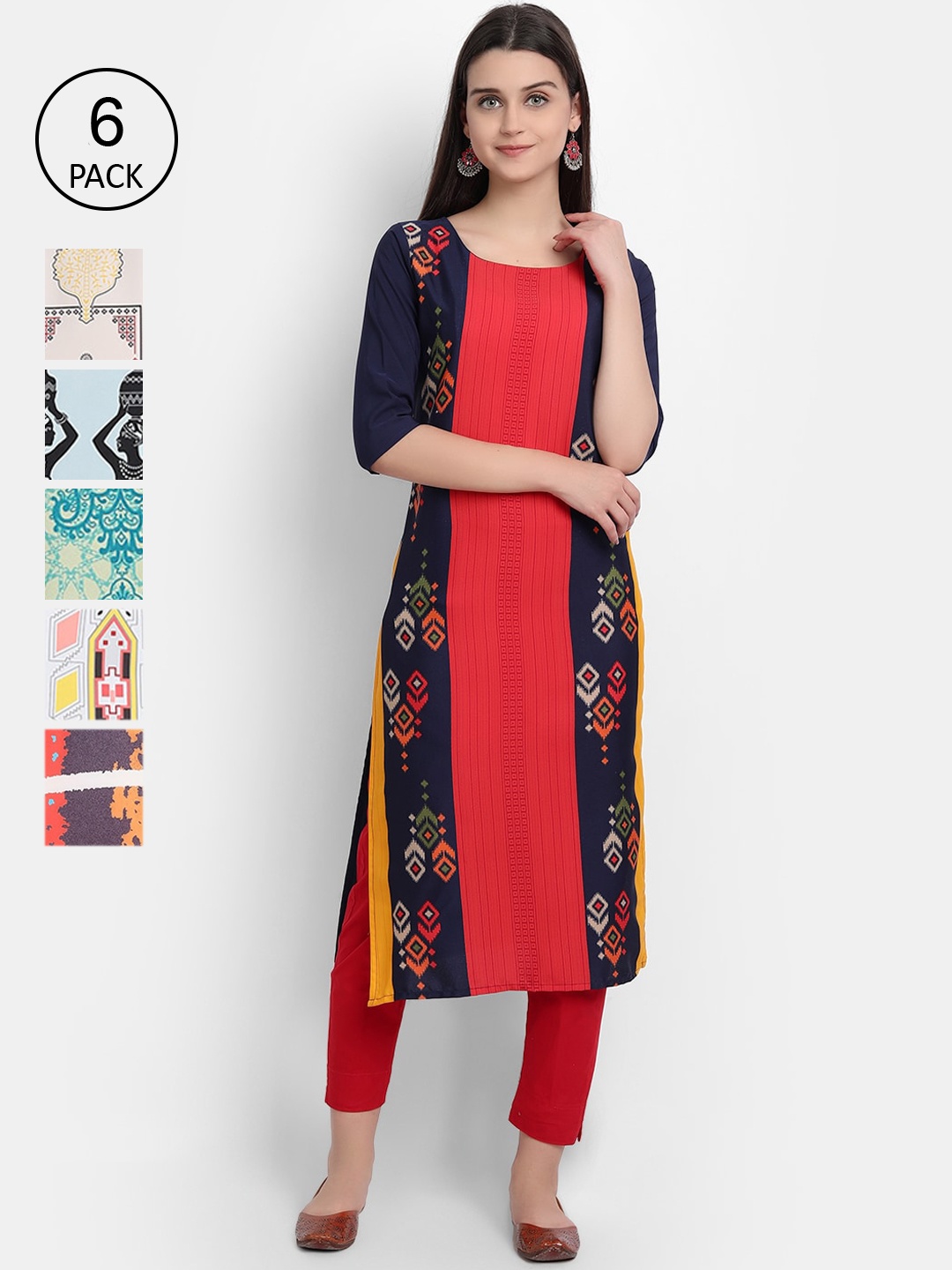 

1 Stop Fashion Women Pack of 6 Red & Yellow Ethnic Motifs Printed Kurta