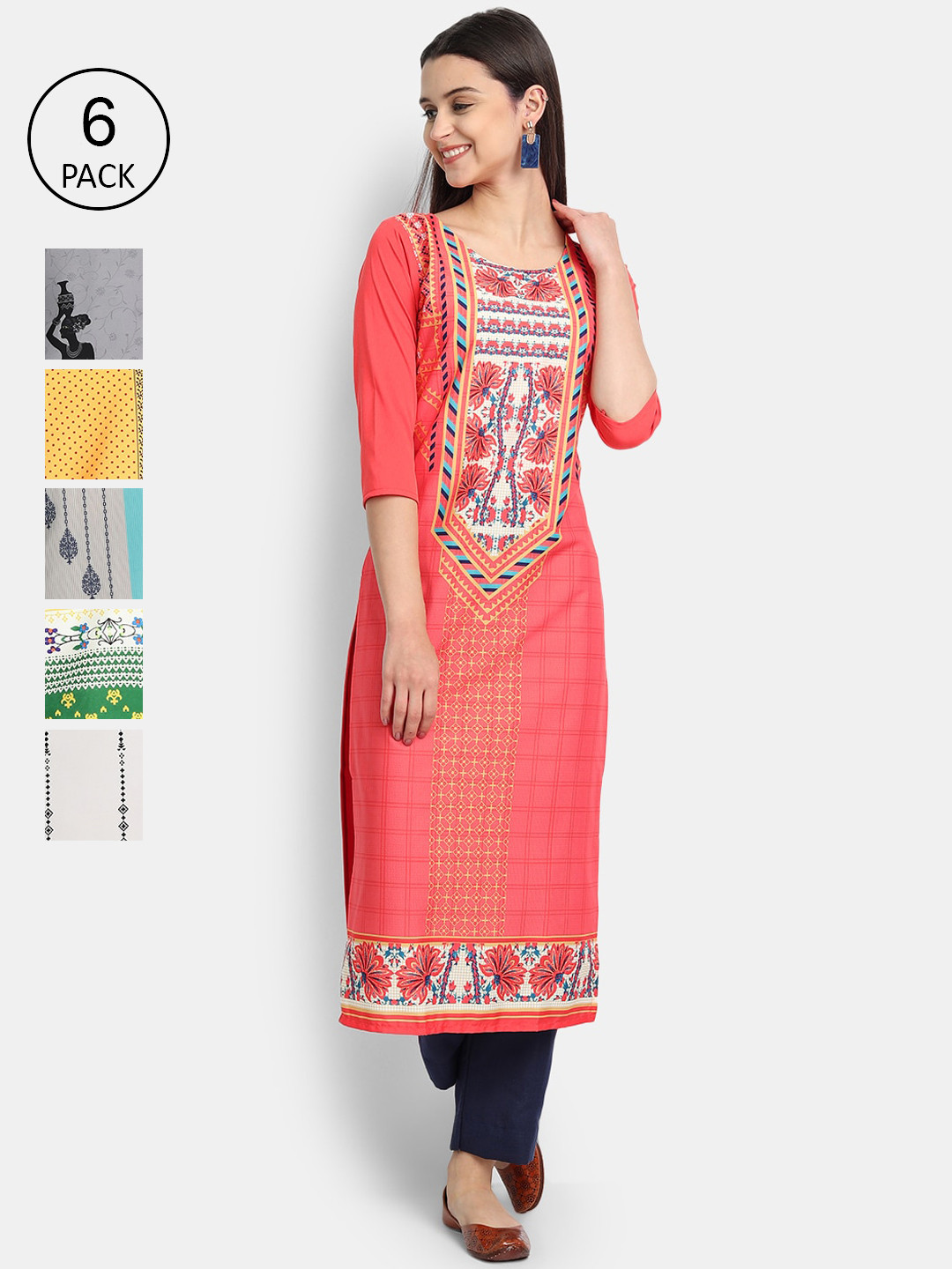 

1 Stop Fashion Women Pack Of 6 Digital Printed Crepe Kurta, Peach