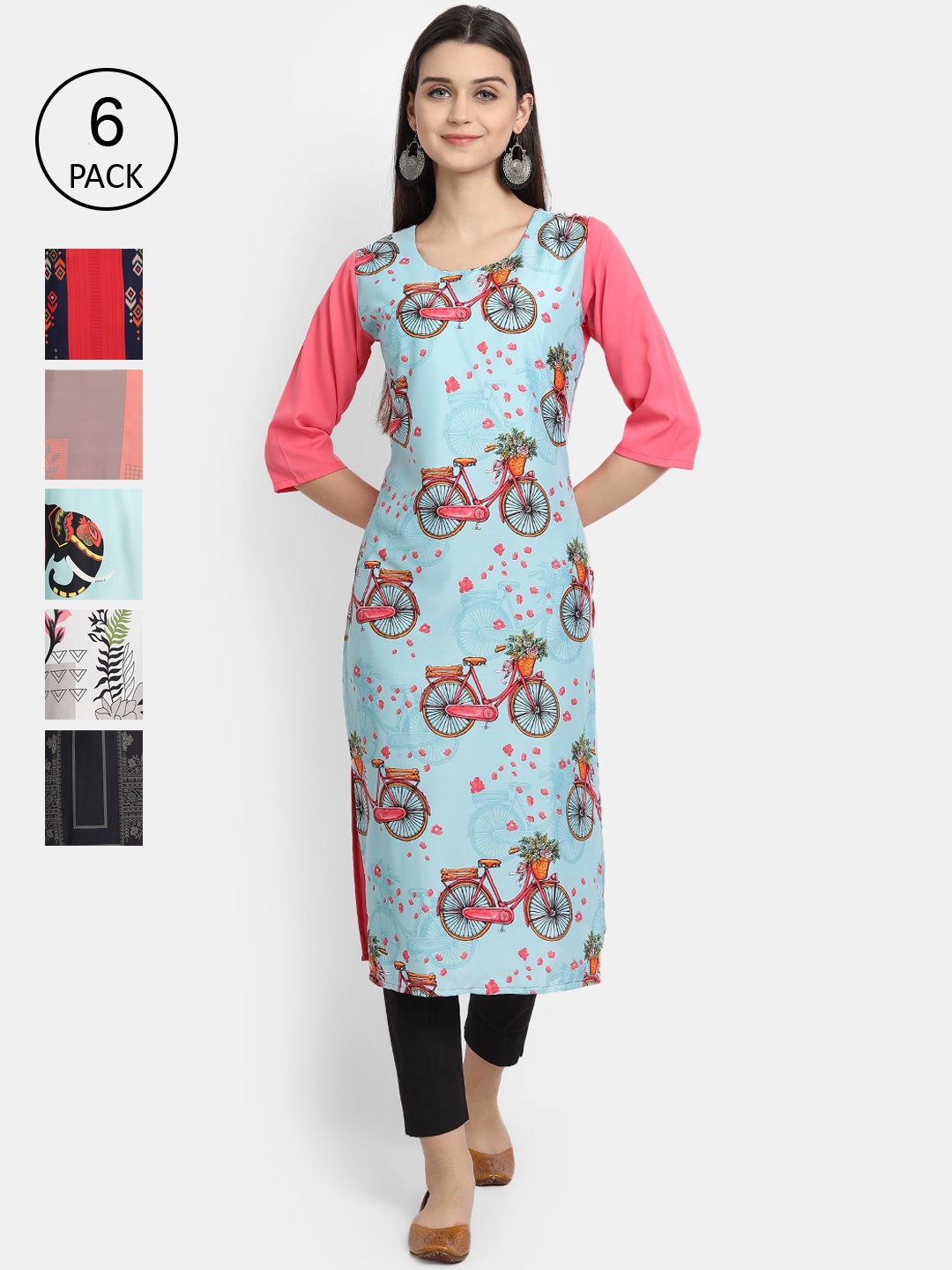 

1 Stop Fashion Women Pack of 6 Digital Printed Straight Kurtas, Blue