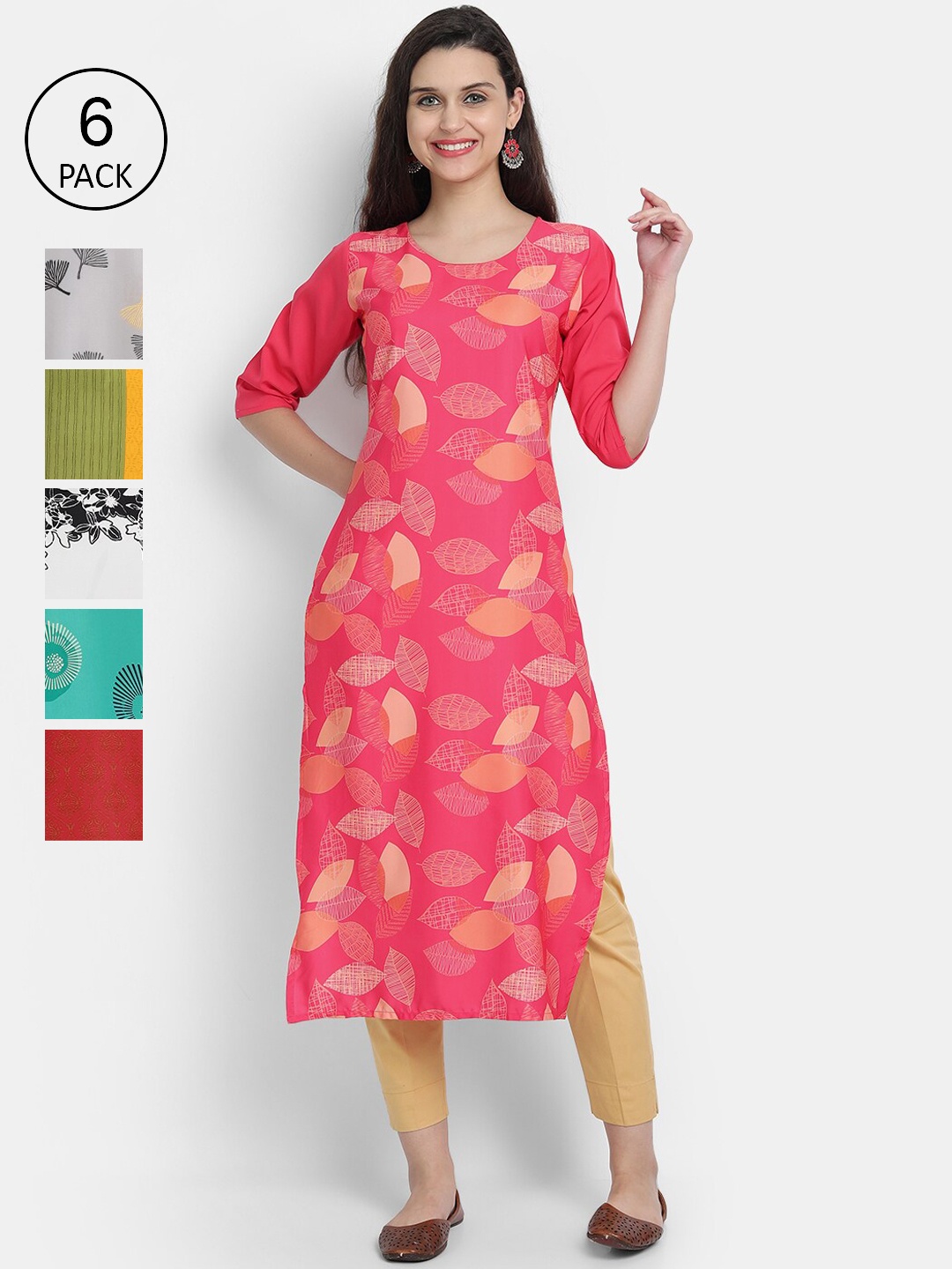 

1 Stop Fashion Women Pack of 6 Digital Printed Straight Kurtas, Pink