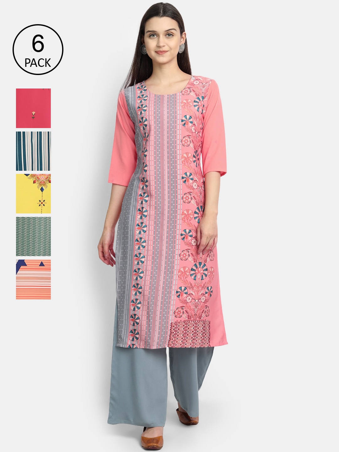 

1 Stop Fashion Women Pack of 6 Multicoloured Printed Crepe Straight Kurta, Multi