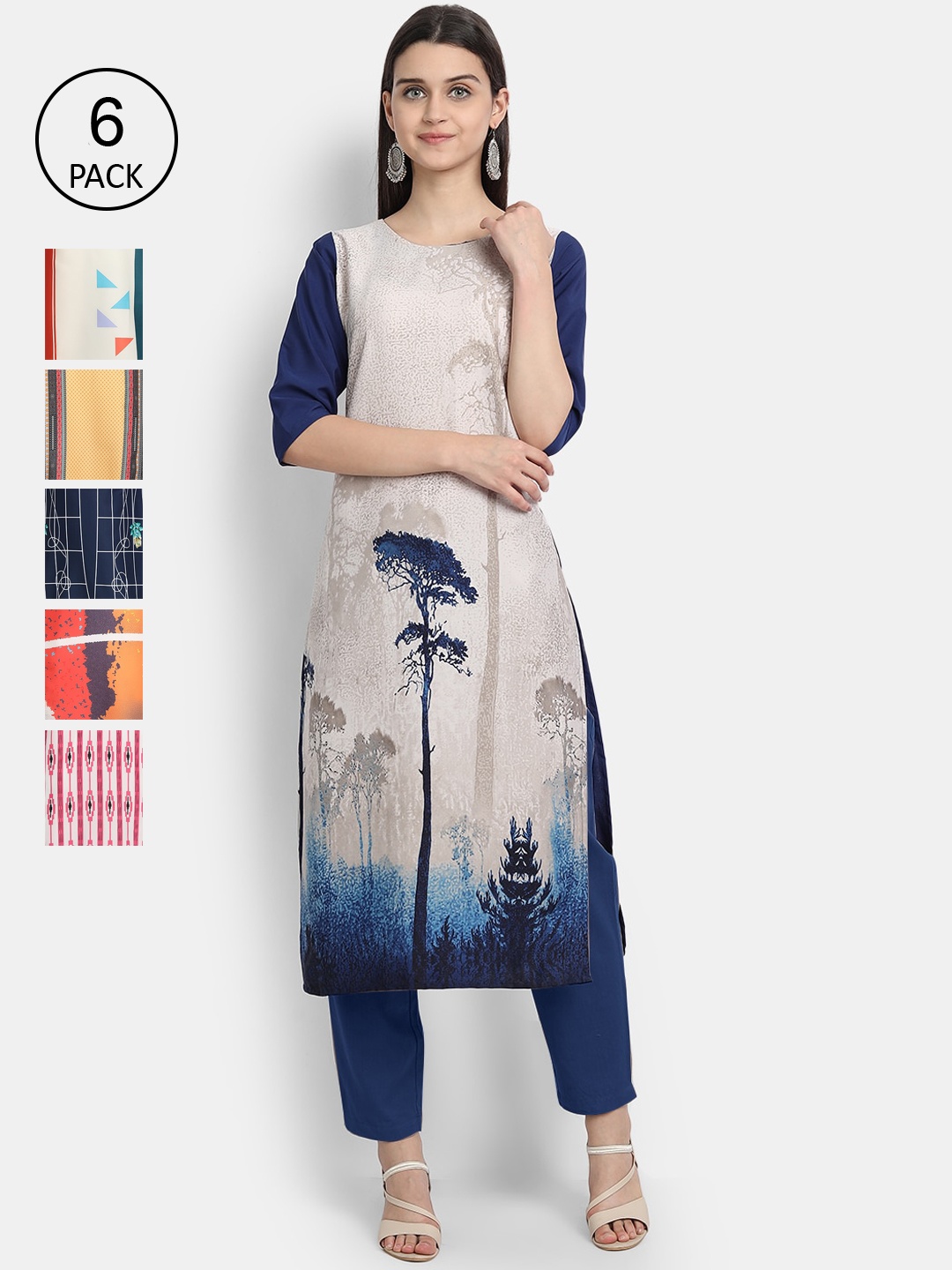 

1 Stop Fashion Women Set of 6 Printed Crepe Kurta, Multi