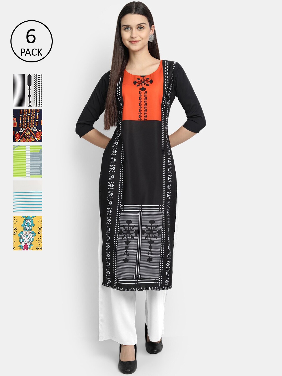 

1 Stop Fashion Women Pack of 6 Multicoloured Printed Crepe Straight Kurta, Multi