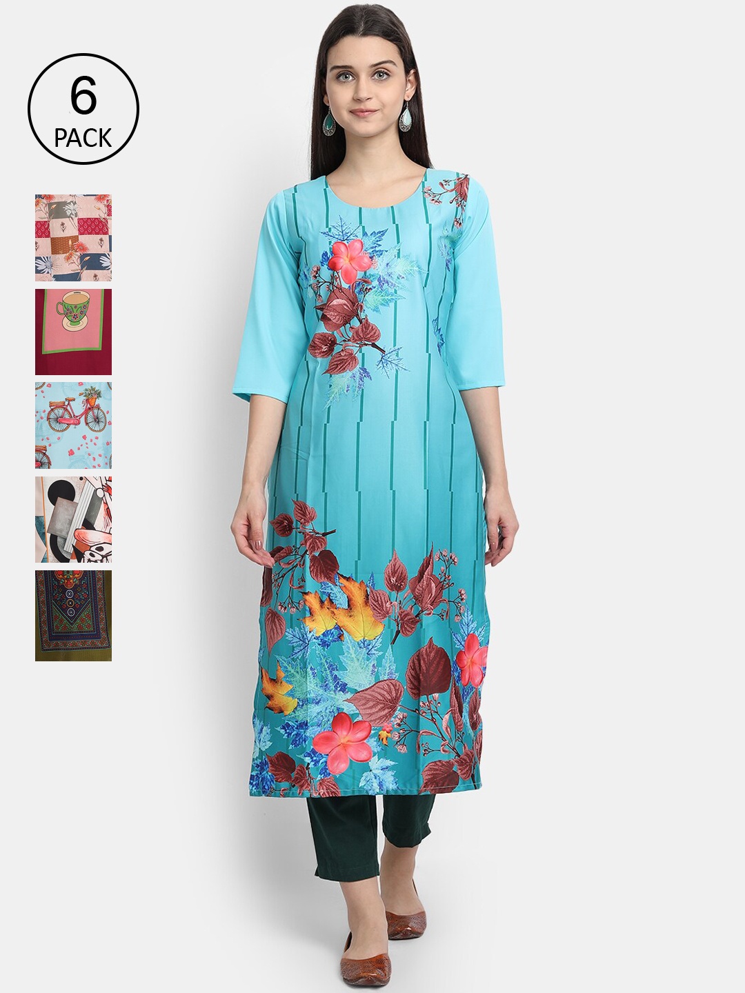 

1 Stop Fashion Women Pack Of 6 Printed Crepe Kurta, Blue