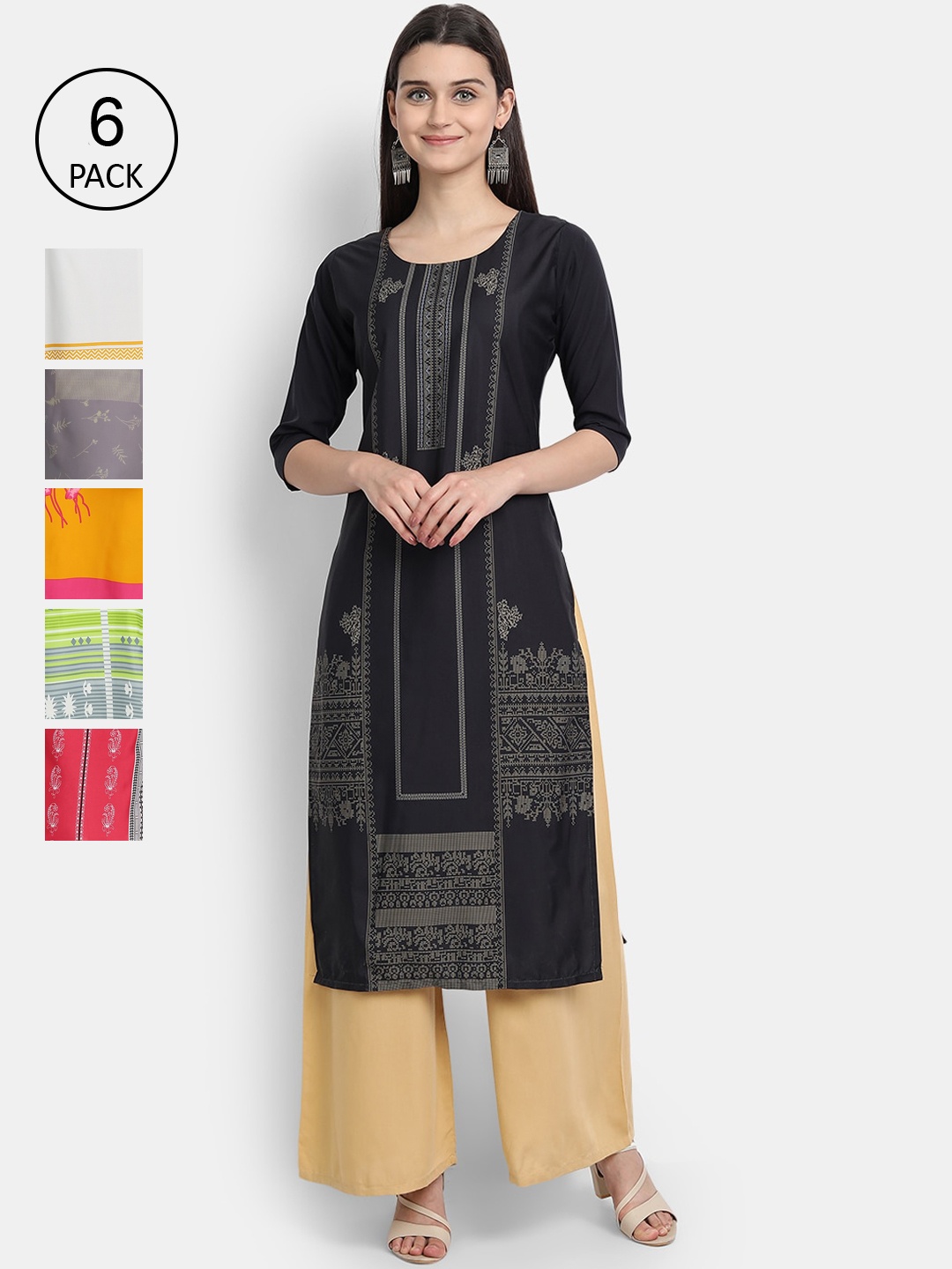 

1 Stop Fashion Women Black & Grey Pack of 6 Printed Crepe Kurta