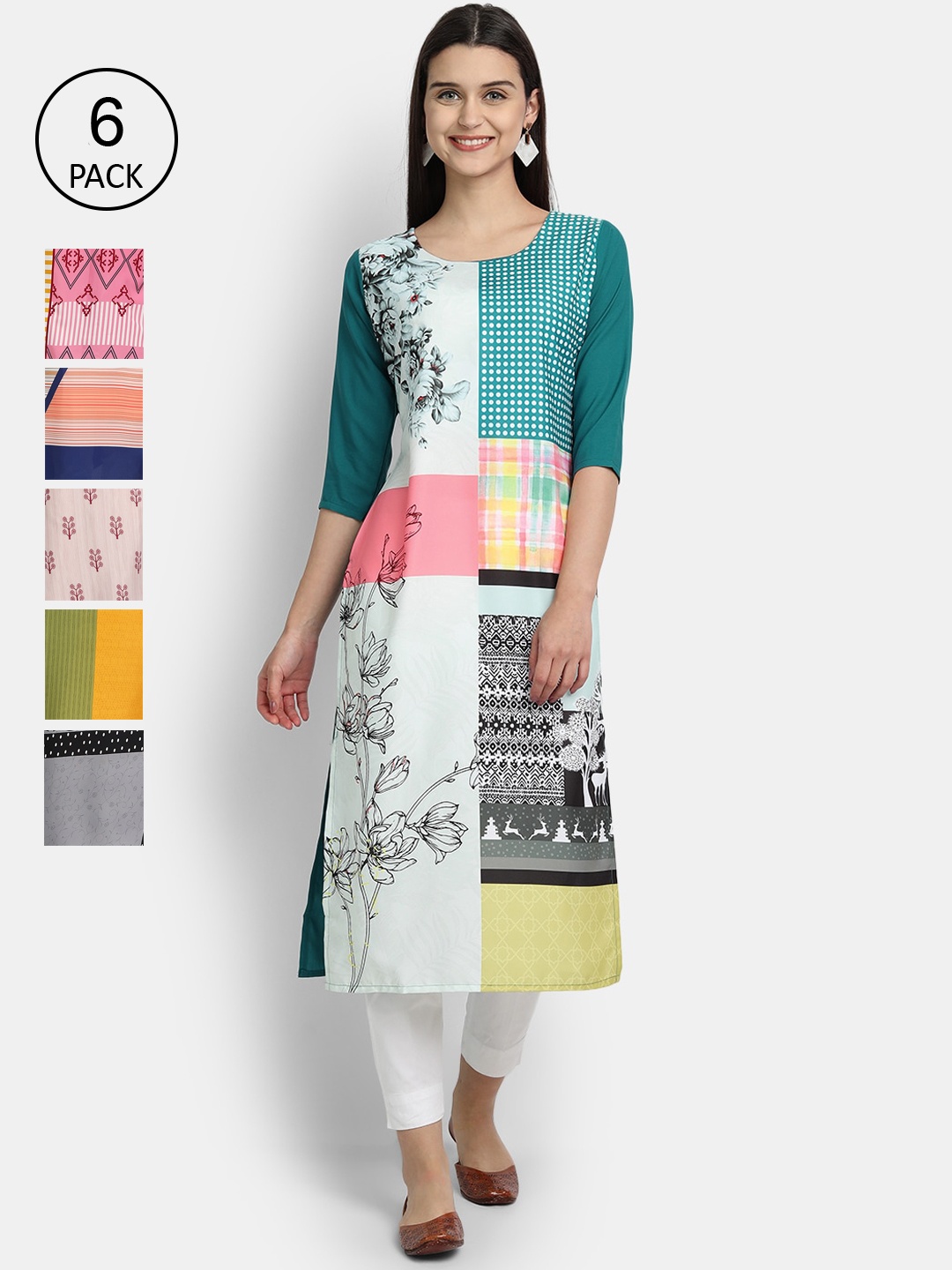 

1 Stop Fashion Pack of 6 Women Printed Crepe Kurta, Multi