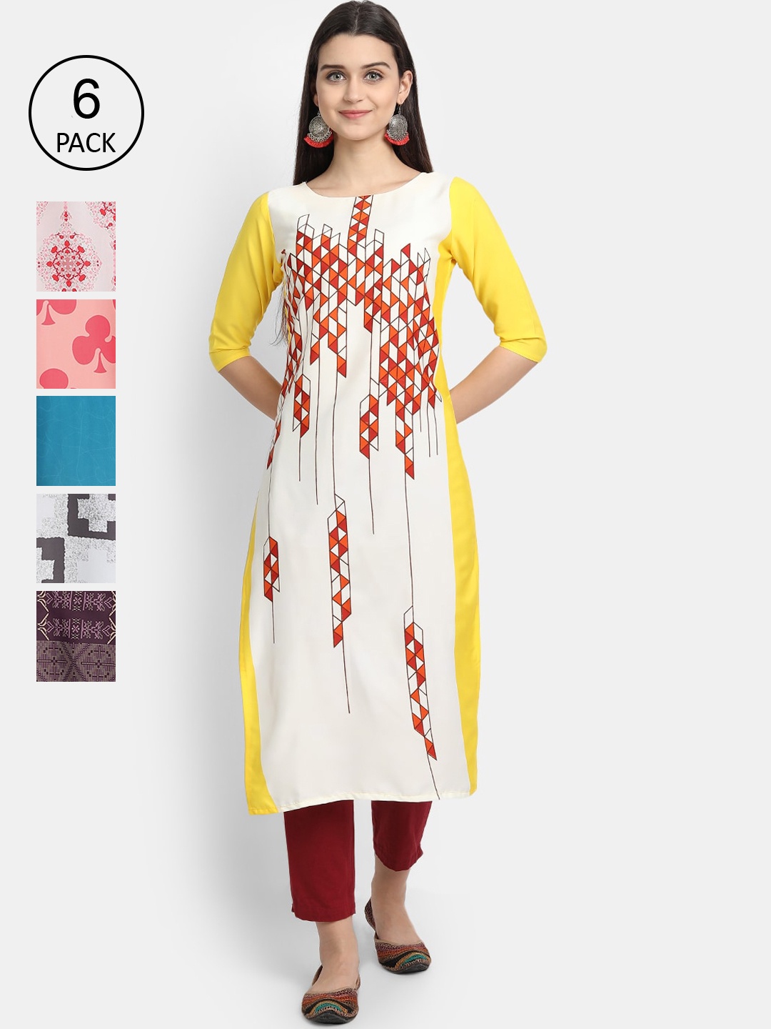 

1 Stop Fashion Women Pack Of 6 Printed Crepe Kurta, White