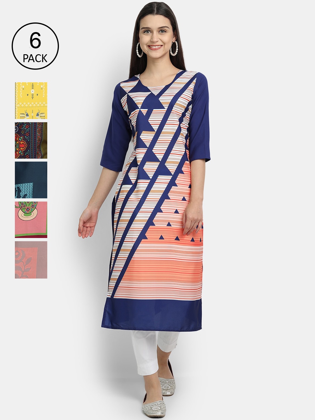 

1 Stop Fashion Women Set of 6 Printed Crepe Kurta, Multi