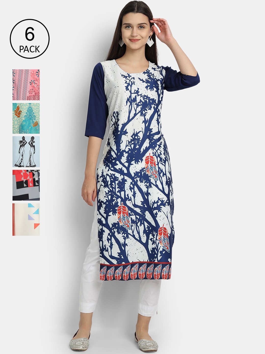 

1 Stop Fashion Woman Pack of 6 Multicoloured Floral Printed Crepe Kurta, Multi