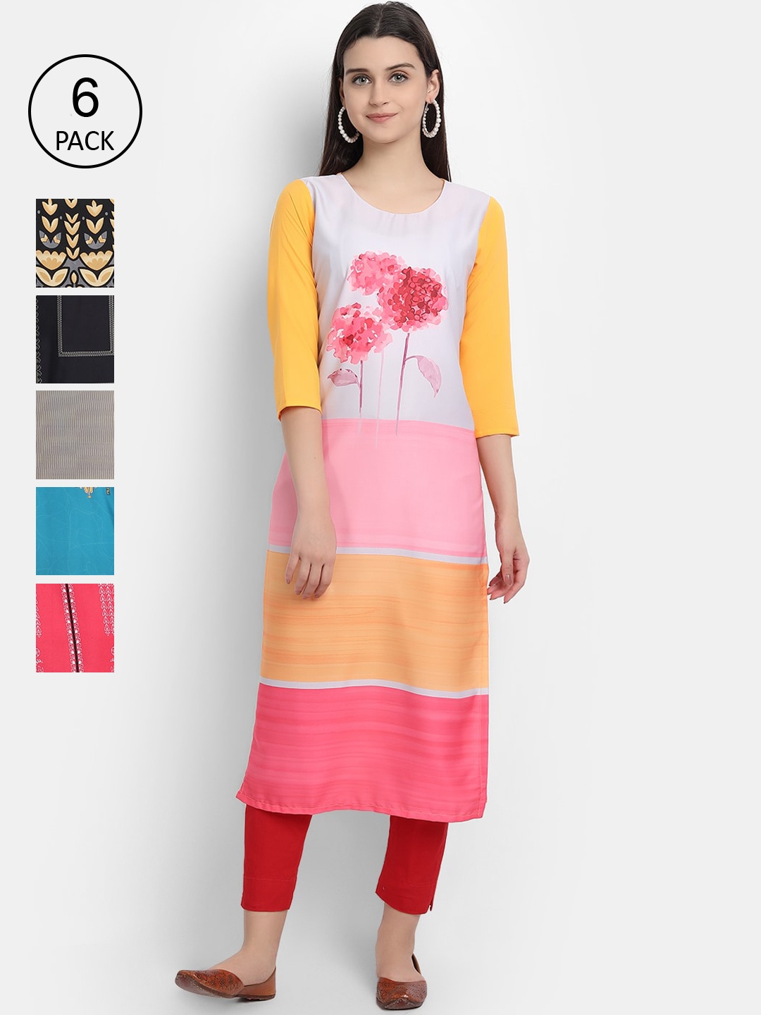 

1 Stop Fashion Women Pack Of 6 Digital Print Straight Kurta, Multi