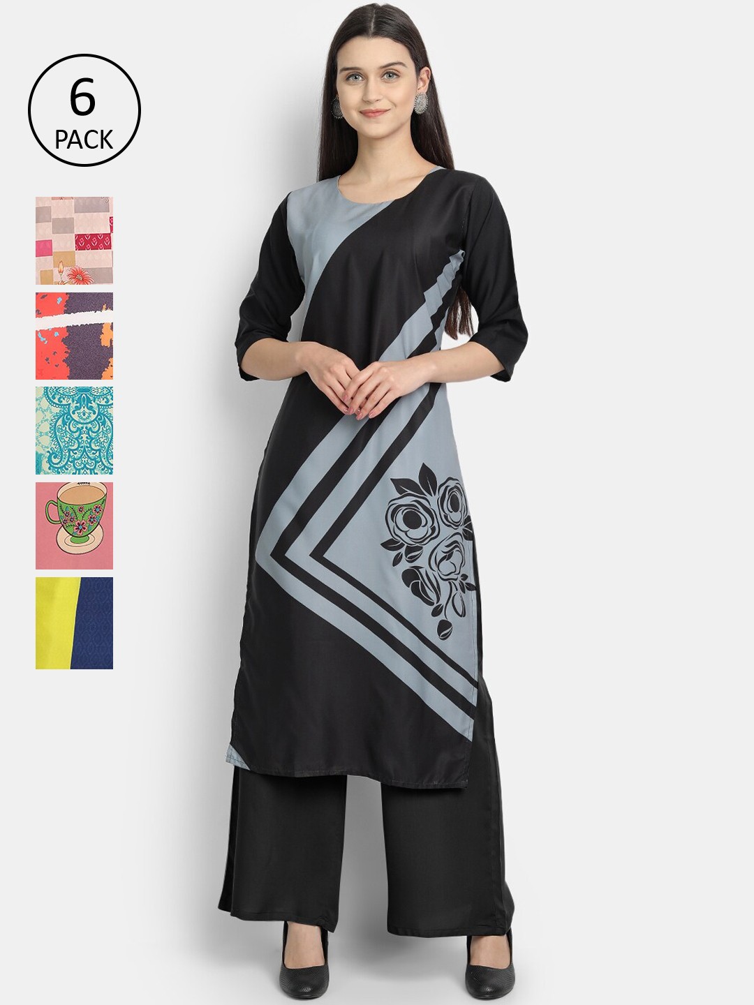 

1 Stop Fashion Women Pack Of 6 Digital Printed Crepe Kurta, Black