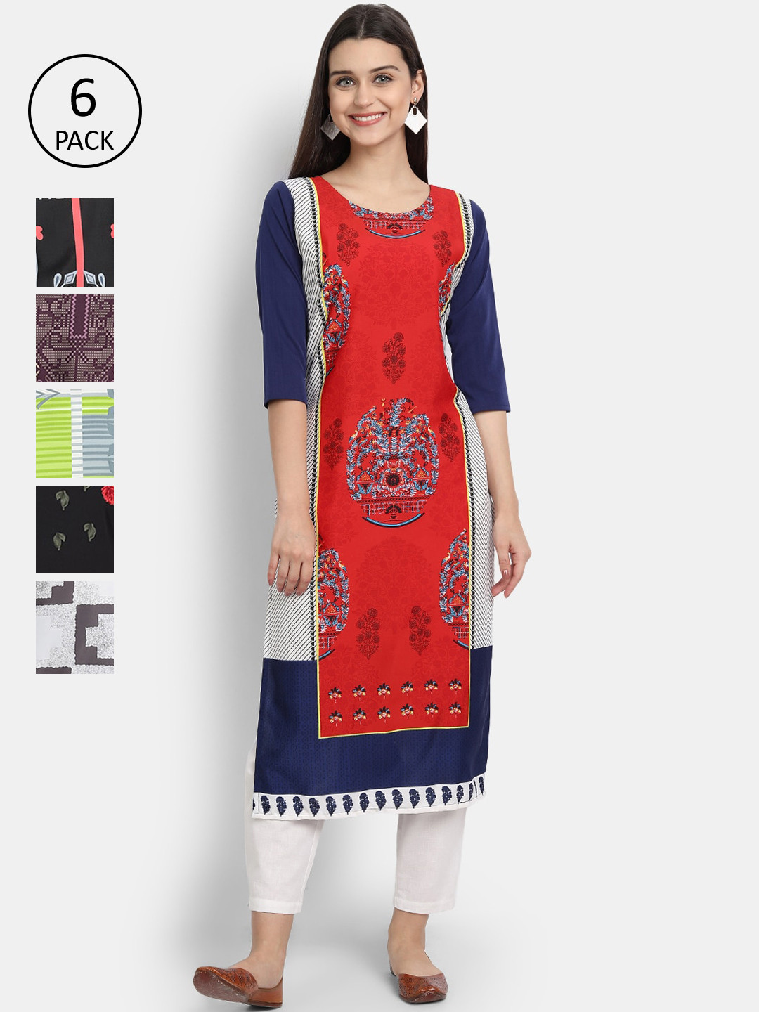 

1 Stop Fashion Women Set of 6 Printed Crepe Kurta, Multi