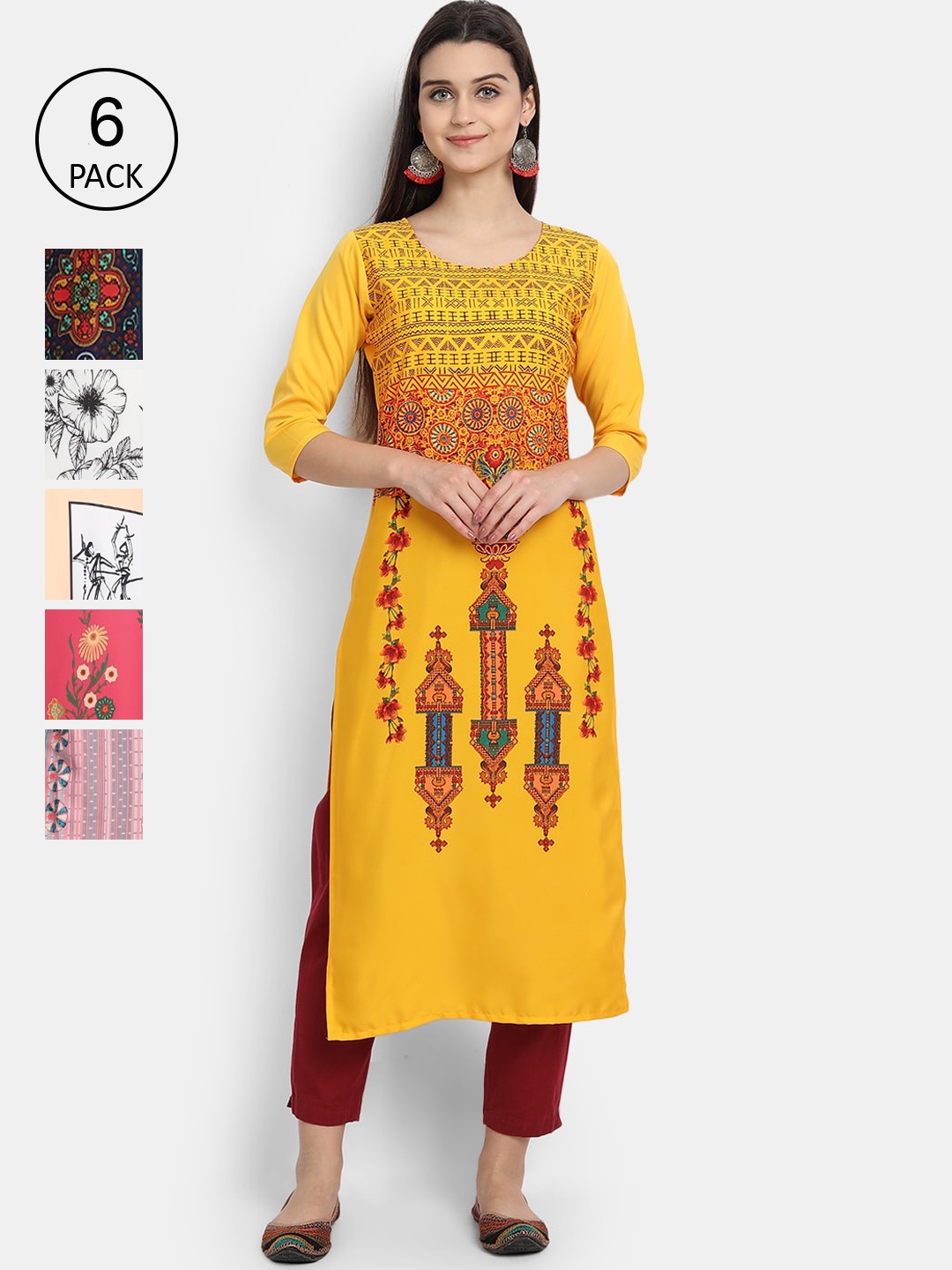 

1 Stop Fashion Women Pack of 6 Digital Printed Straight Kurtas, Yellow