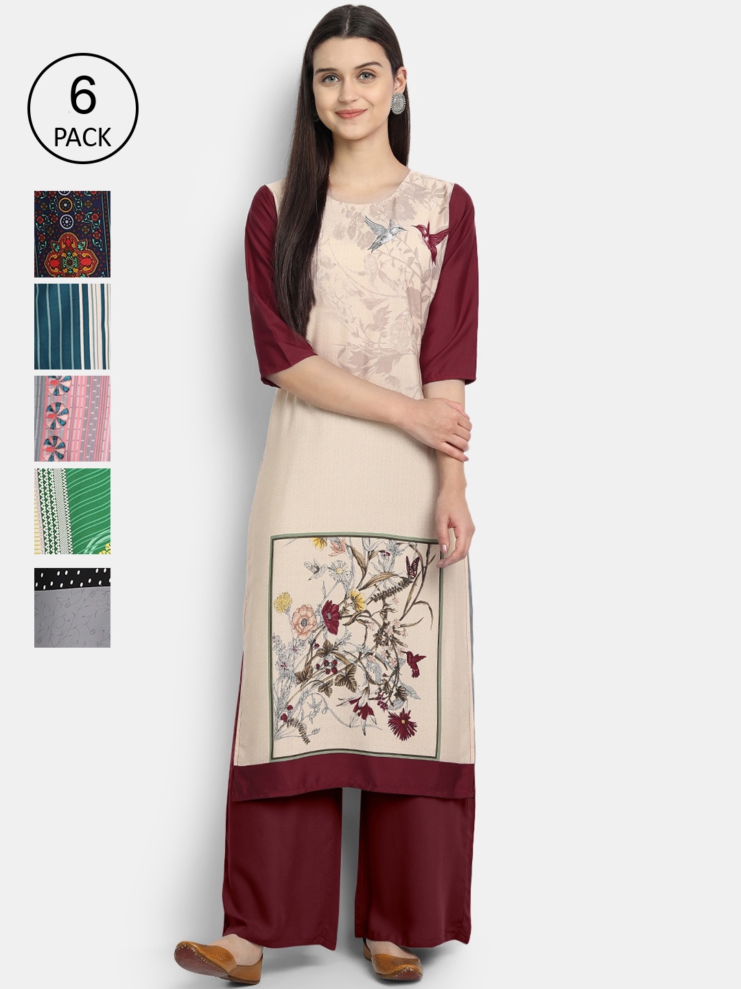 

1 Stop Fashion Women Pack Of 6 Digital Print Straight Kurta, Multi