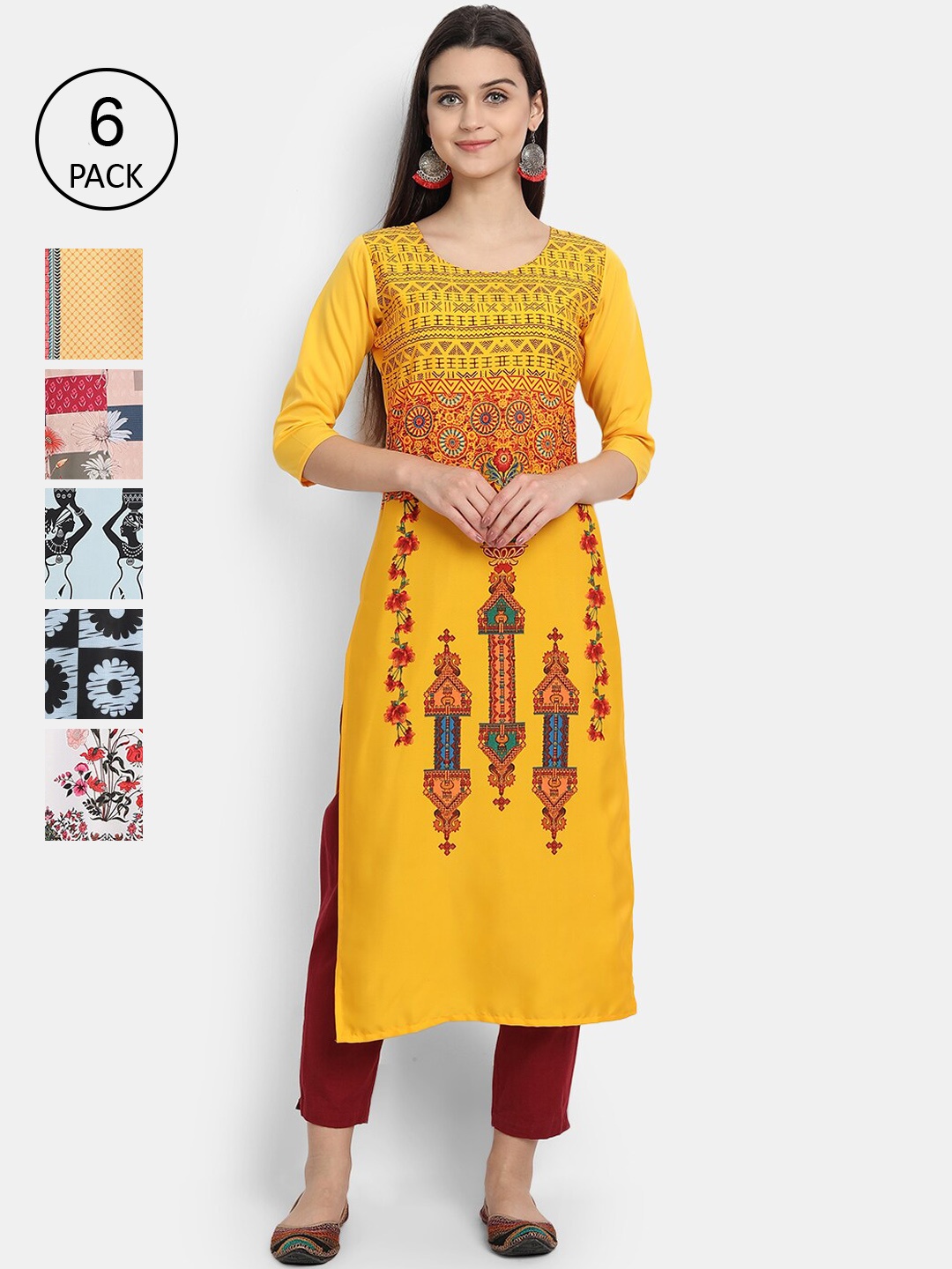 

1 Stop Fashion Woman Pack of 6 Multicoloured Ethnic Motifs Printed Crepe Kurta, Multi
