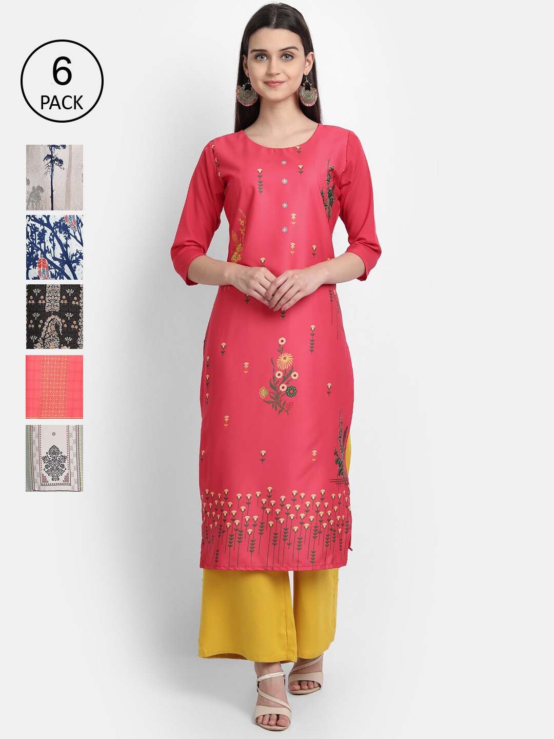 

1 Stop Fashion Pack of 6 Women Printed Crepe Kurta, Multi