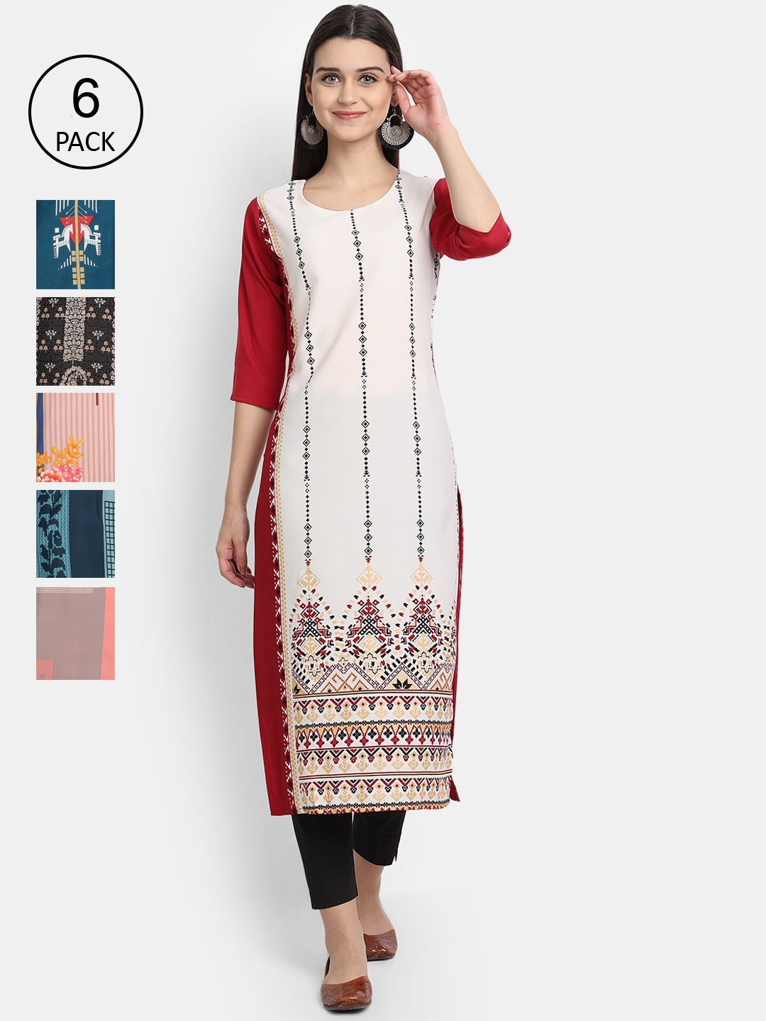 

1 Stop Fashion Women Pack Of 6 Printed Crepe Kurta, White