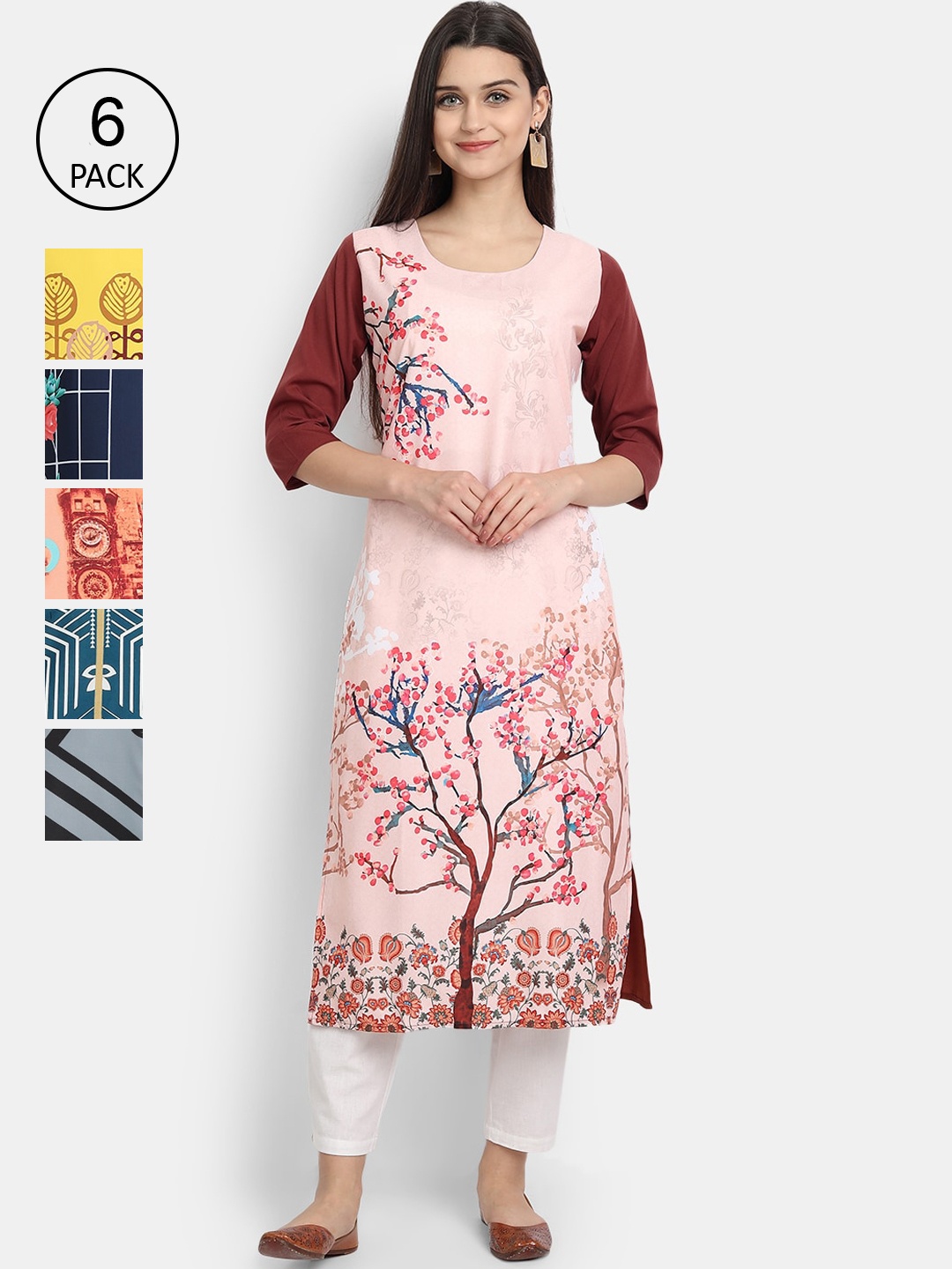

1 Stop Fashion Women Pack Of 6 Floral Printed Kurta, Maroon