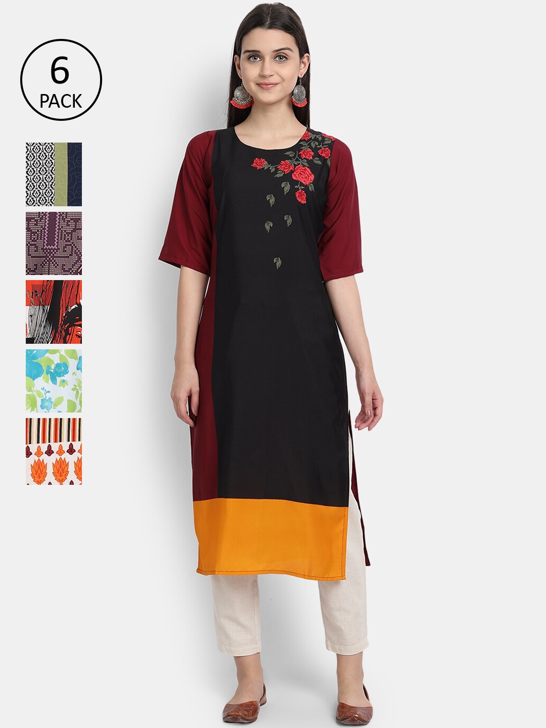 

1 Stop Fashion Women Pack of 6 Black & Green Floral Printed Kurta