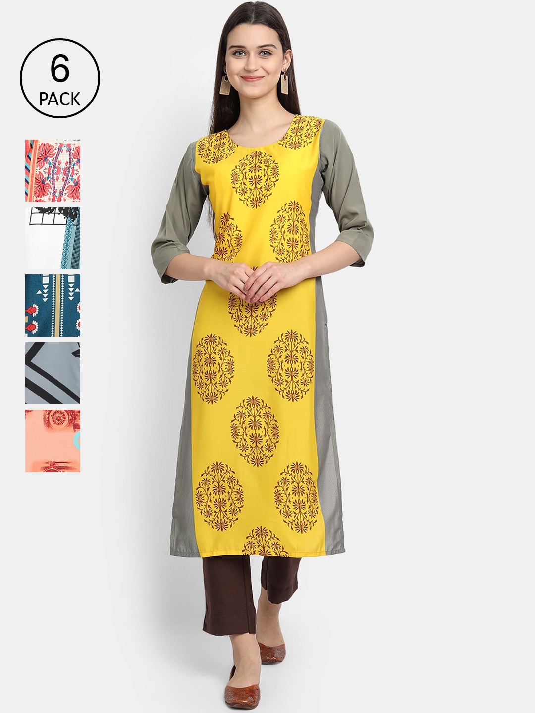 

1 Stop Fashion Women Set of 6 Printed Crepe Kurta, Multi