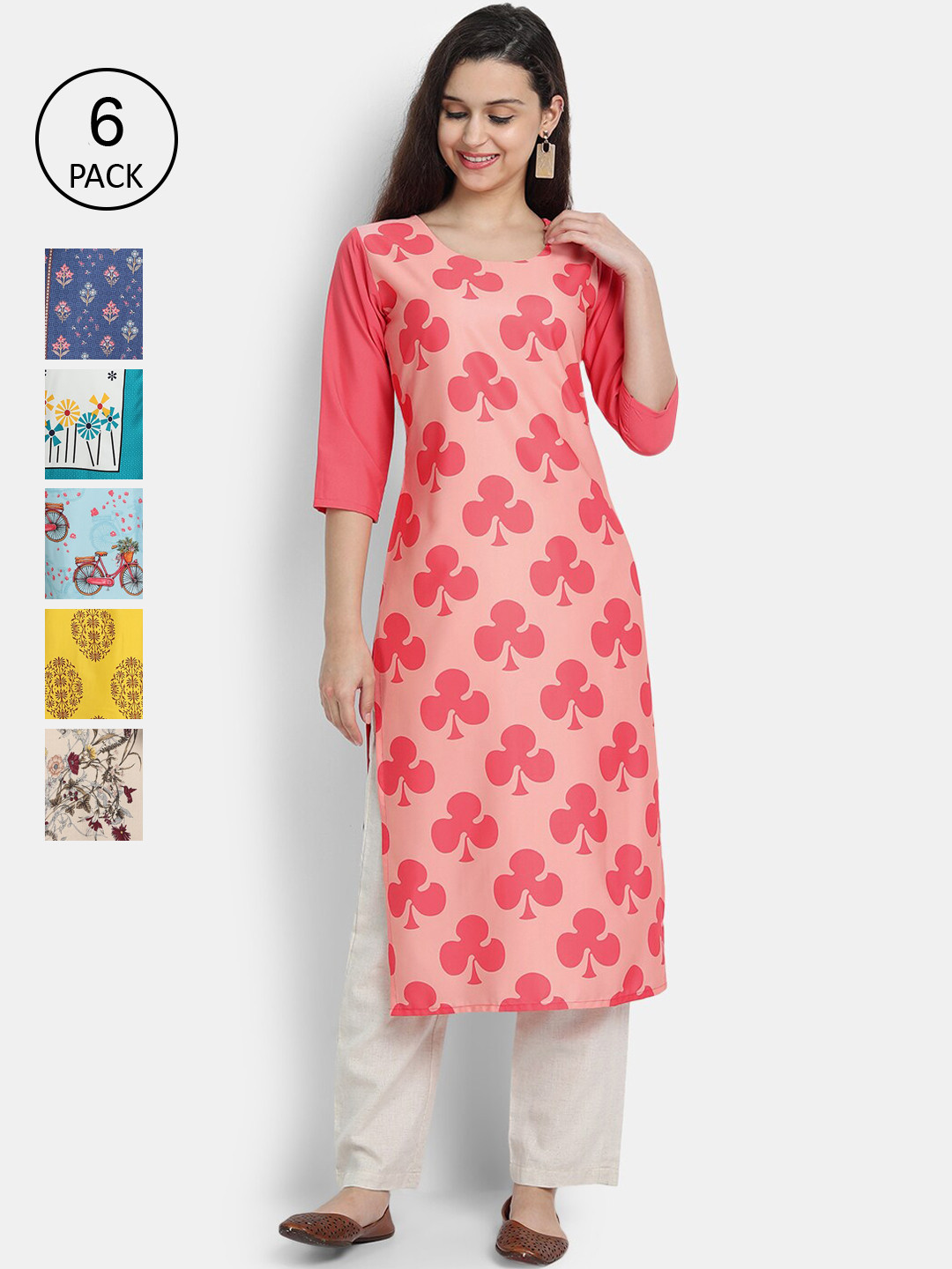 

1 Stop Fashion Women Pack Of 6 Printed Crepe Kurta, Blue
