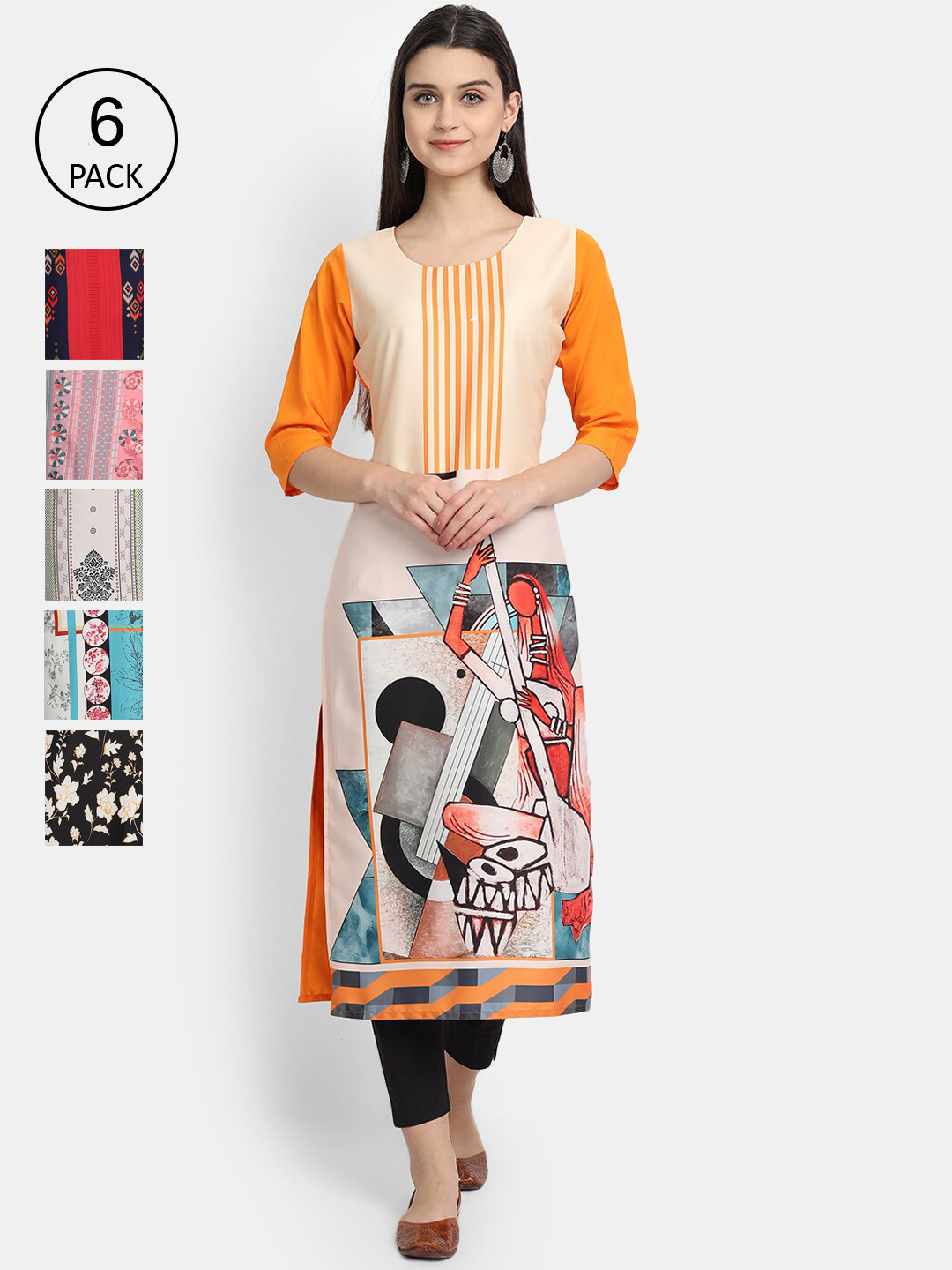 

1 Stop Fashion Pack of 6 Women Printed Crepe Kurta, Multi
