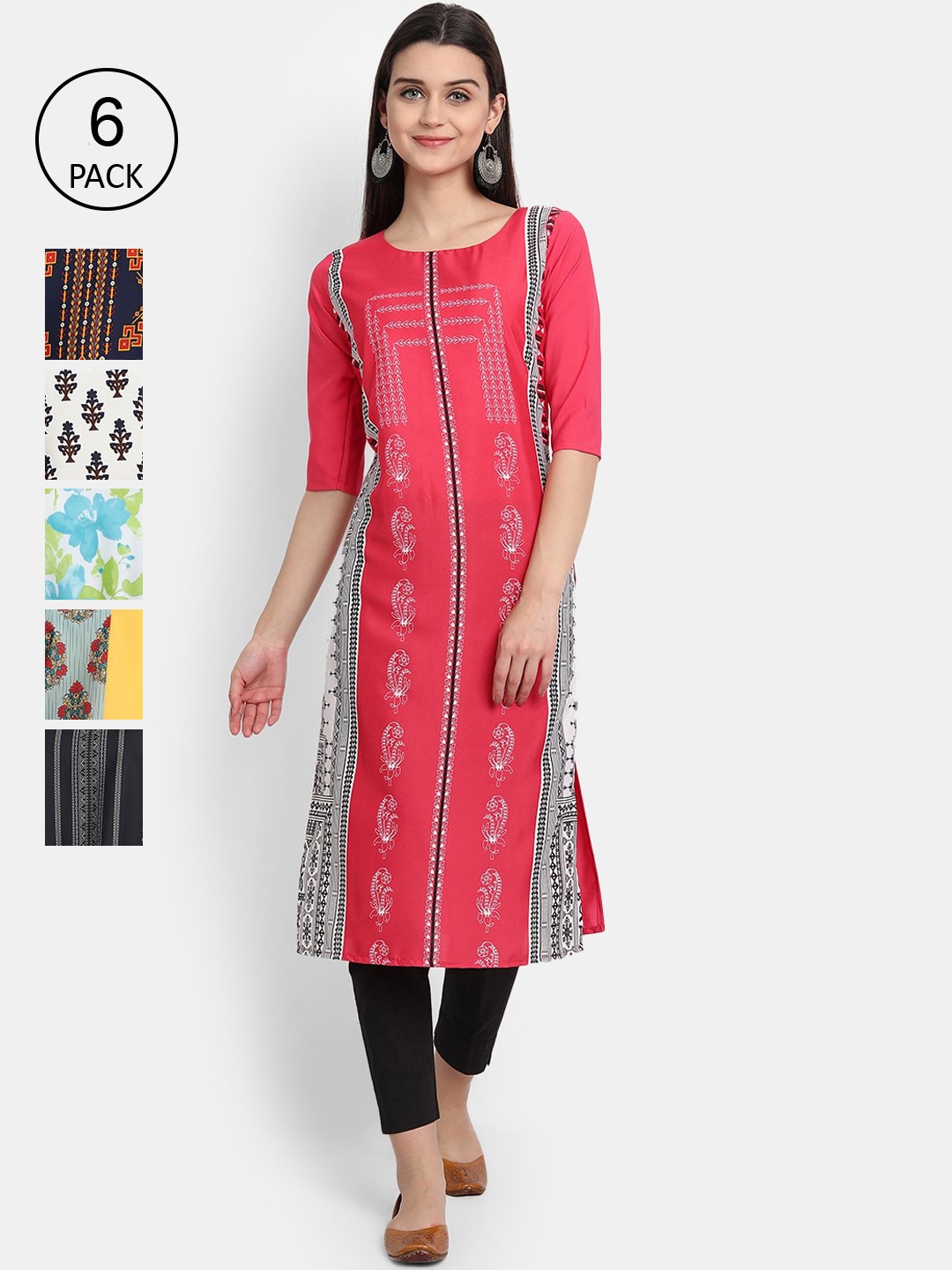 

1 Stop Fashion Women Pack Of 6 Ethnic Motifs Printed Kurta, Pink