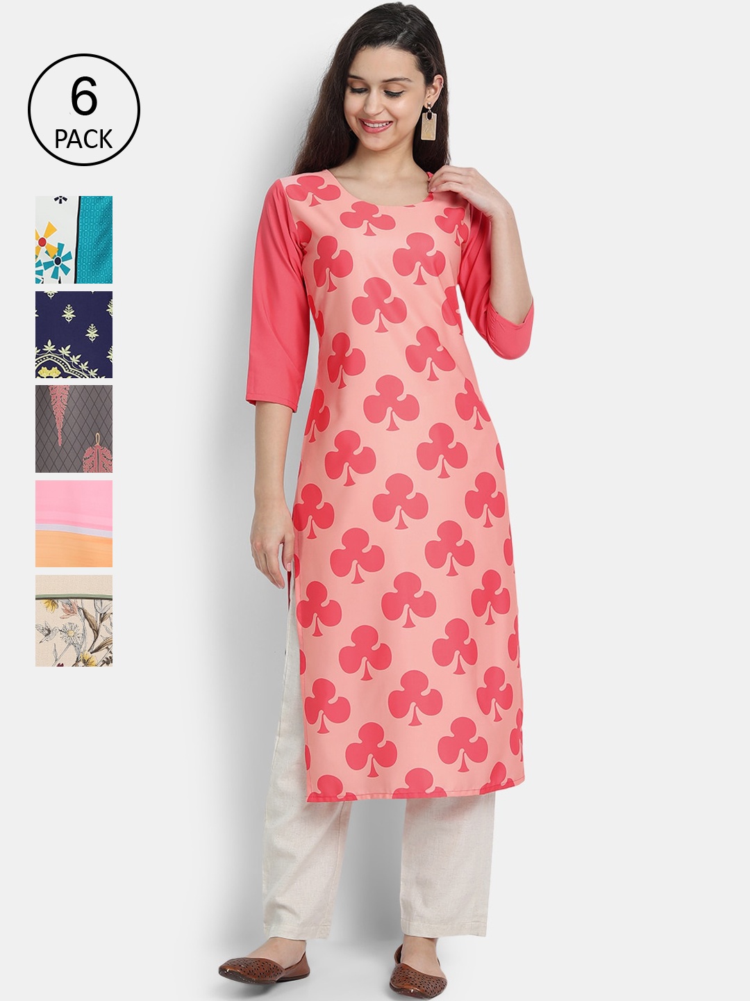 

1 Stop Fashion Woman Pack of 6 Multicoloured Floral Printed Crepe Kurta, Multi